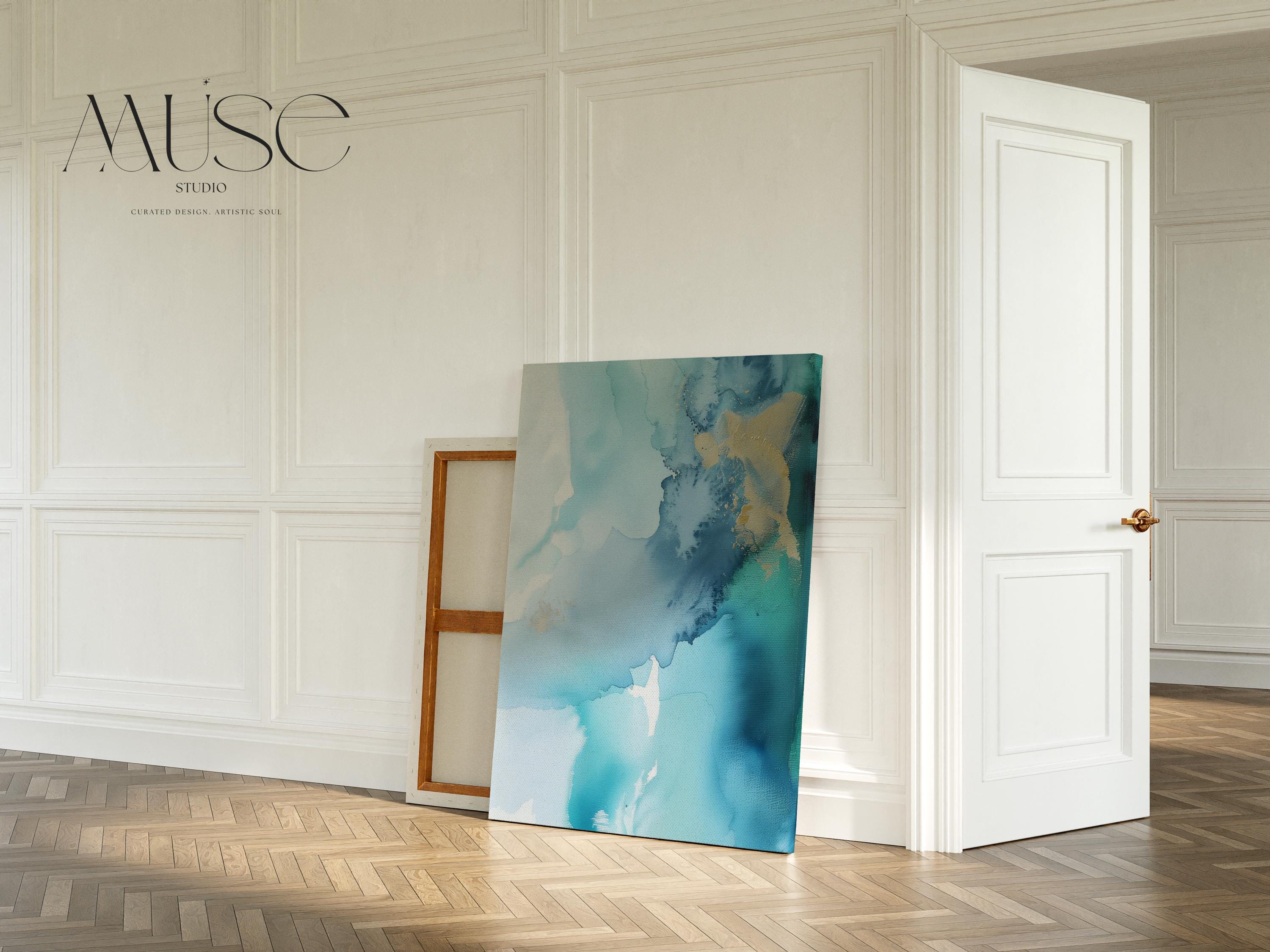 Coastal Blue Vertical Canvas Wall Art Abstract Painting in Teal and Gold Serene Decor Art for Bedroom Living Ocean-Inspired Wall Decor 276