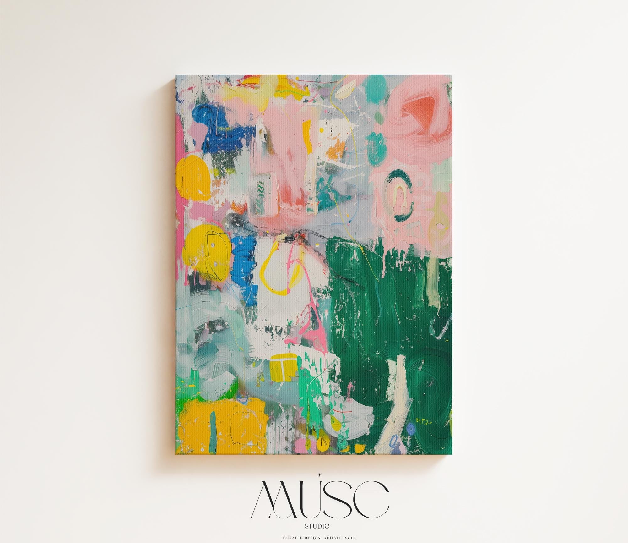Bold Color Vertical Canvas Wall Art Dopamine Decor Abstract in Green and Pink Vibrant Art Print for Eclectic Interiors Creative Spaces 276