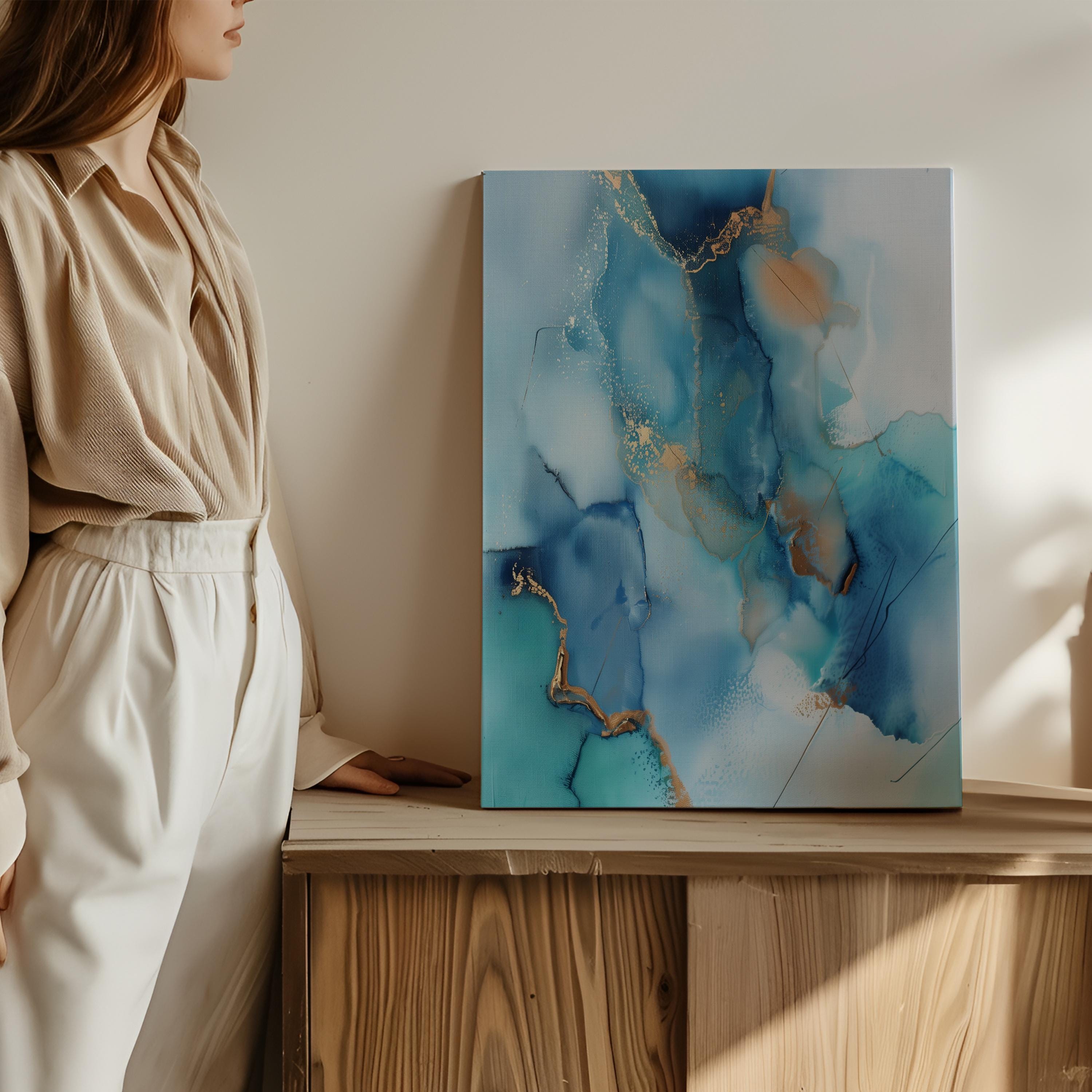 Vertical Abstract Canvas in Ocean Blues and Gold, Modern Wall Art for Coastal Decor, Elegant Beach House Style Print for Living Room 278