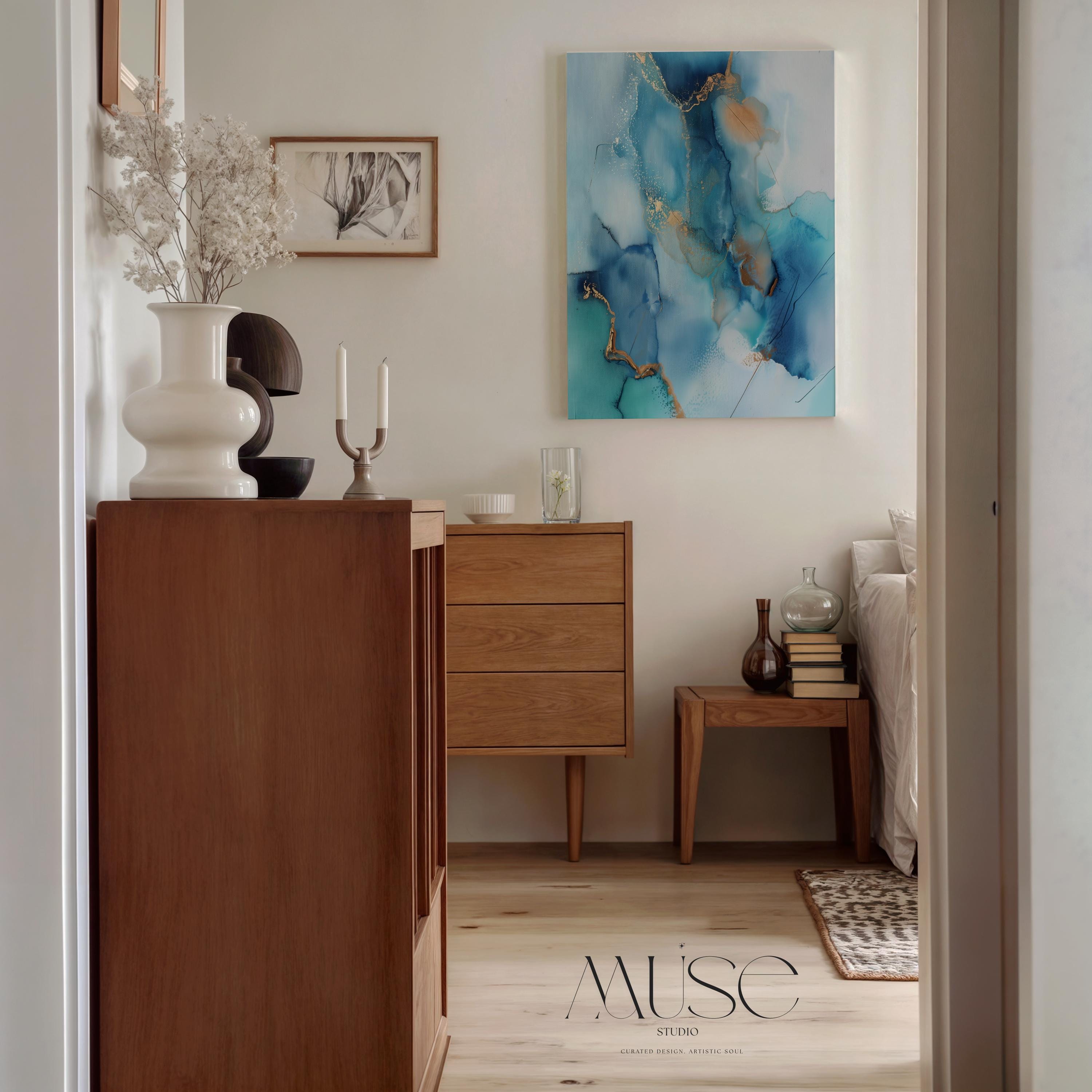 Vertical Abstract Canvas in Ocean Blues and Gold, Modern Wall Art for Coastal Decor, Elegant Beach House Style Print for Living Room 278 Room Staging Colorful abstract wall decor styled in a modern neutral home. Large statement wall art displayed in living room, bedroom, or office spaces. Vibrant canvas or giclée decor art adds bold visual impact to contemporary interiors, ideal for home staging, office design, and curated spaces. Muse Studio Decor Art.