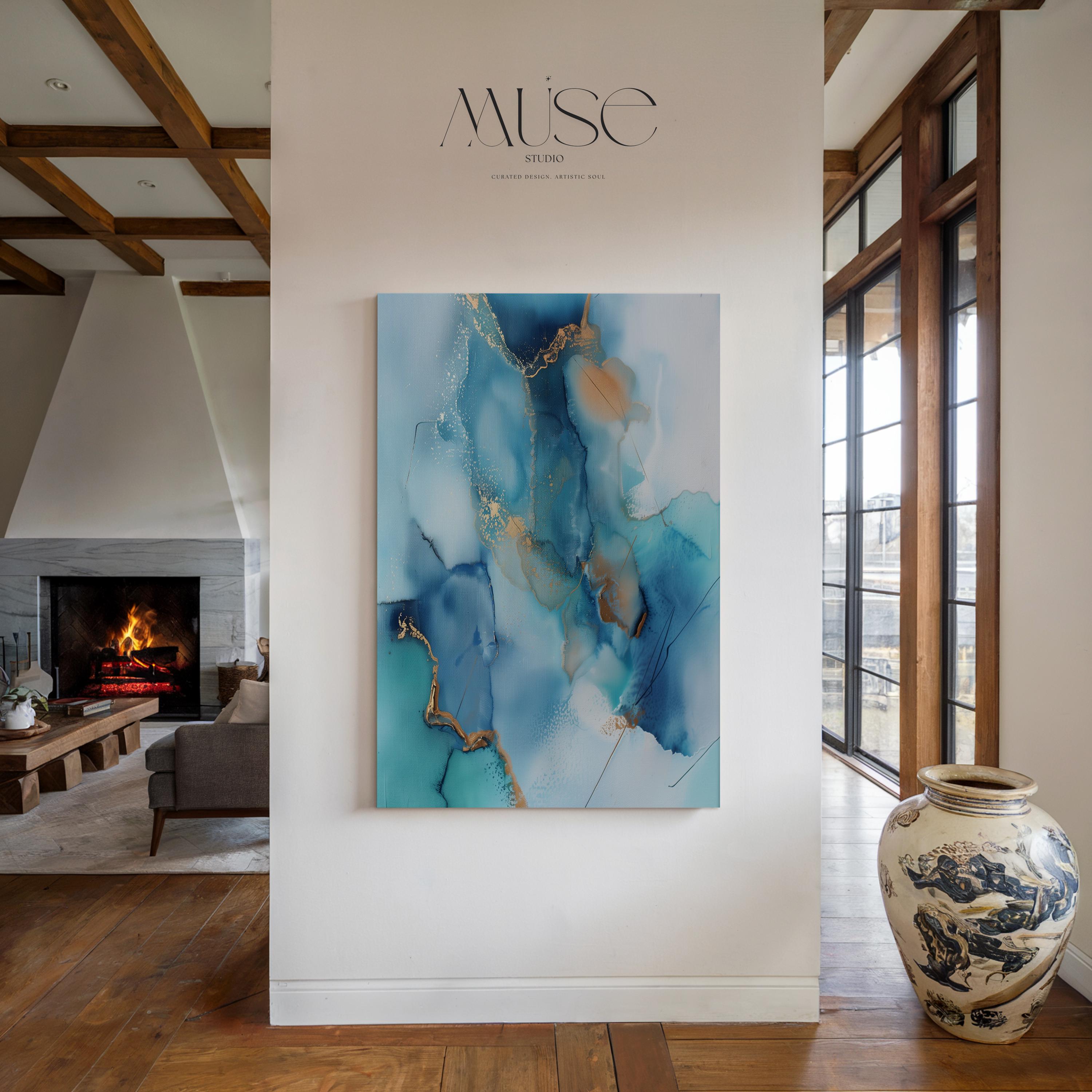 Vertical Abstract Canvas in Ocean Blues and Gold, Modern Wall Art for Coastal Decor, Elegant Beach House Style Print for Living Room 278 Room Staging Colorful abstract wall decor styled in a modern neutral home. Large statement wall art displayed in living room, bedroom, or office spaces. Vibrant canvas or giclée decor art adds bold visual impact to contemporary interiors, ideal for home staging, office design, and curated spaces. Muse Studio Decor Art.