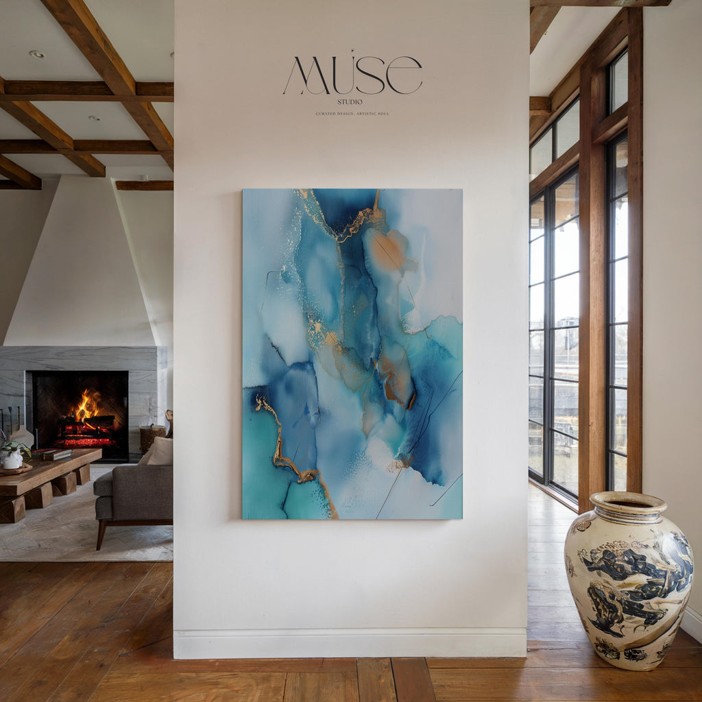 Vertical Abstract Canvas in Ocean Blues and Gold, Modern Wall Art for Coastal Decor, Elegant Beach House Style Print for Living Room 278 Room Staging Colorful abstract wall decor styled in a modern neutral home. Large statement wall art displayed in living room, bedroom, or office spaces. Vibrant canvas or giclée decor art adds bold visual impact to contemporary interiors, ideal for home staging, office design, and curated spaces. Muse Studio Decor Art.