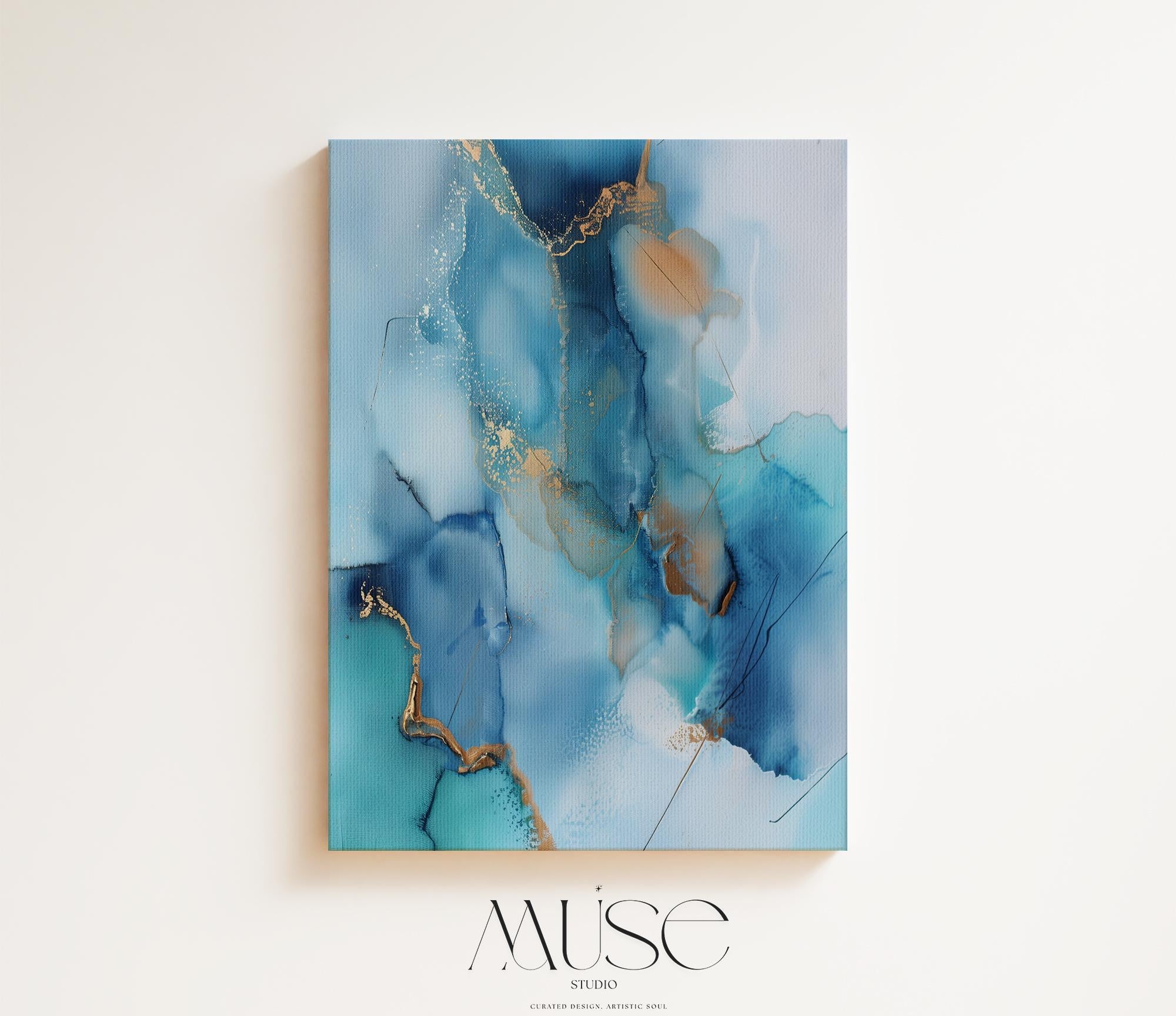 Vertical Abstract Canvas in Ocean Blues and Gold, Modern Wall Art for Coastal Decor, Elegant Beach House Style Print for Living Room 278 Stretched Canvas Art Large abstract wall decor on stretched canvas, gallery-wrapped and ready to hang. Perfect for colorful wall art in living rooms, office spaces, and design projects. Giclée canvas print with bold brushwork and vibrant modern style for impactful home decor. Muse Studio Decor Art.