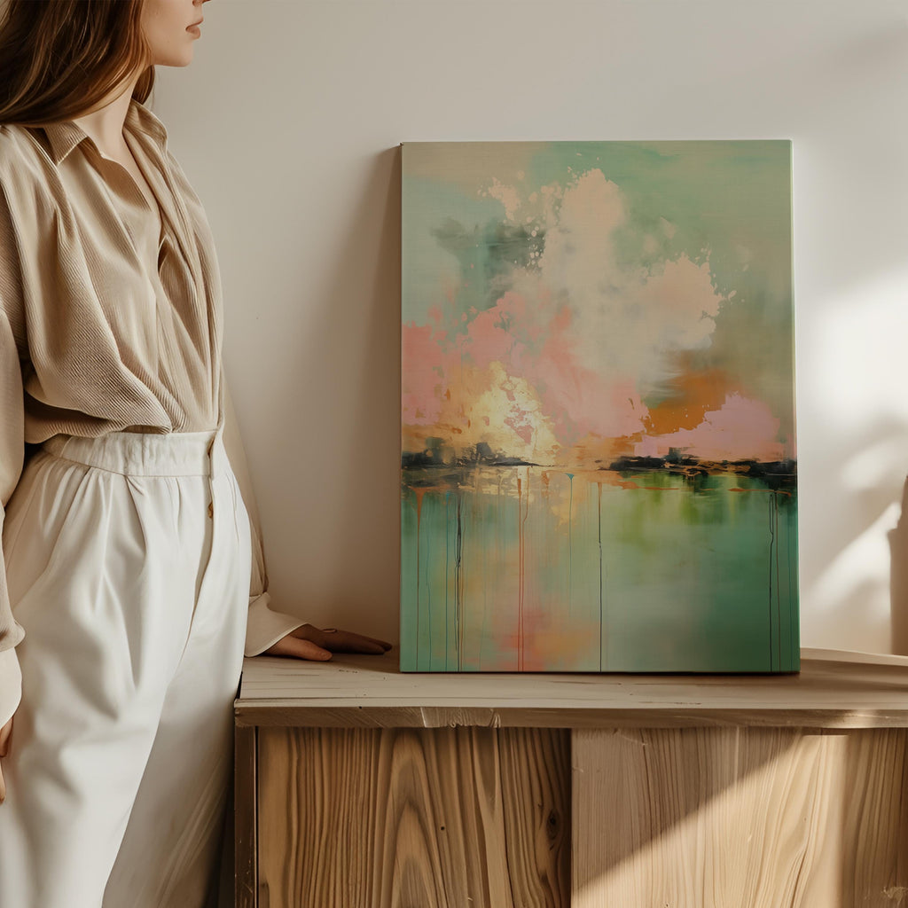 Boho Abstract Canvas Wall Art in Pink and Green Vertical Cloudscape Painting for Bedroom or Living Room Soft Statement Decor for Homes 311