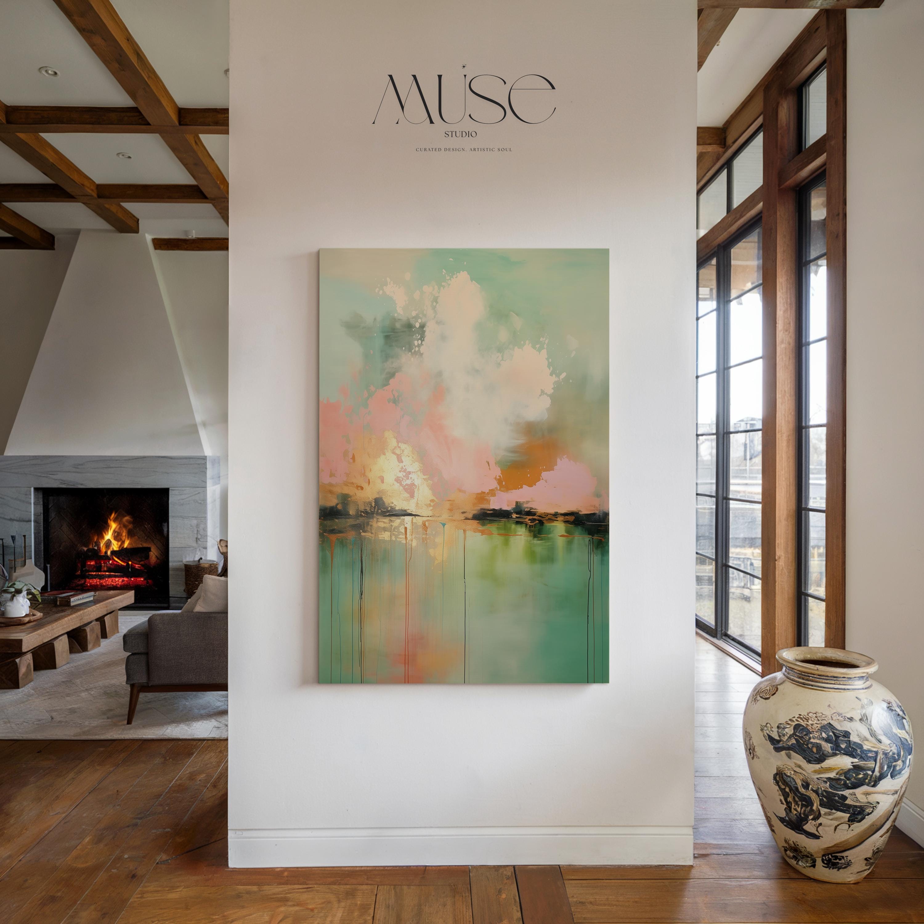 Boho Abstract Canvas Wall Art in Pink and Green Vertical Cloudscape Painting for Bedroom or Living Room Soft Statement Decor for Homes 311
