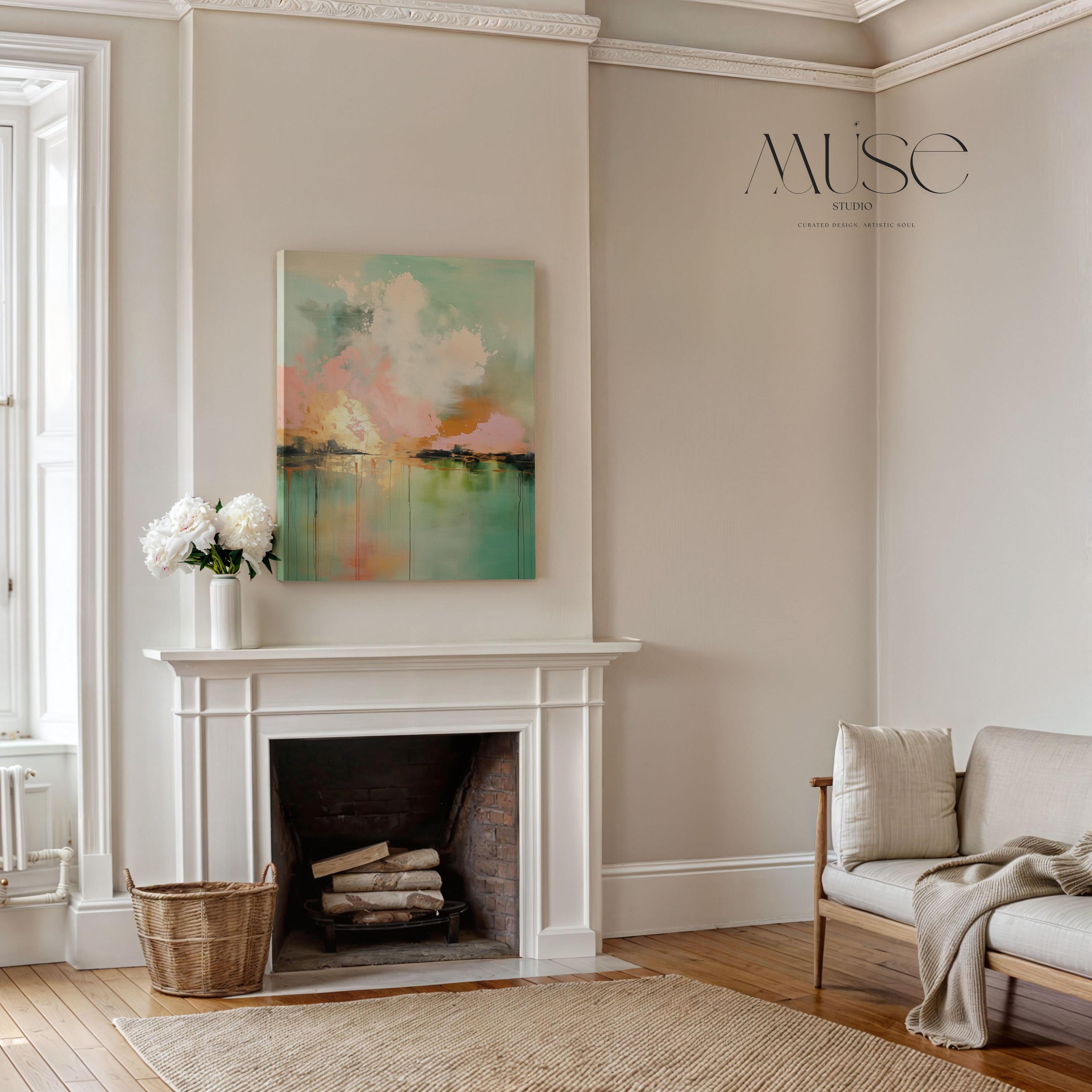 Boho Abstract Canvas Wall Art in Pink and Green Vertical Cloudscape Painting for Bedroom or Living Room Soft Statement Decor for Homes 311