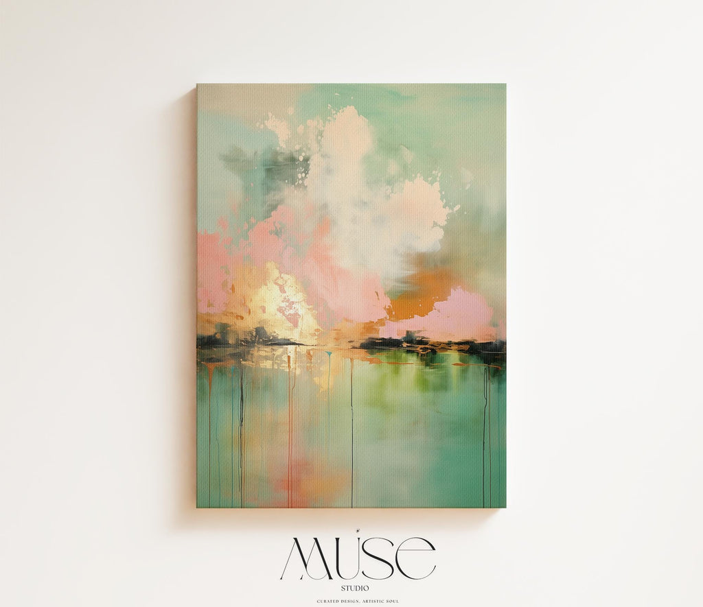 Boho Abstract Canvas Wall Art in Pink and Green Vertical Cloudscape Painting for Bedroom or Living Room Soft Statement Decor for Homes 311