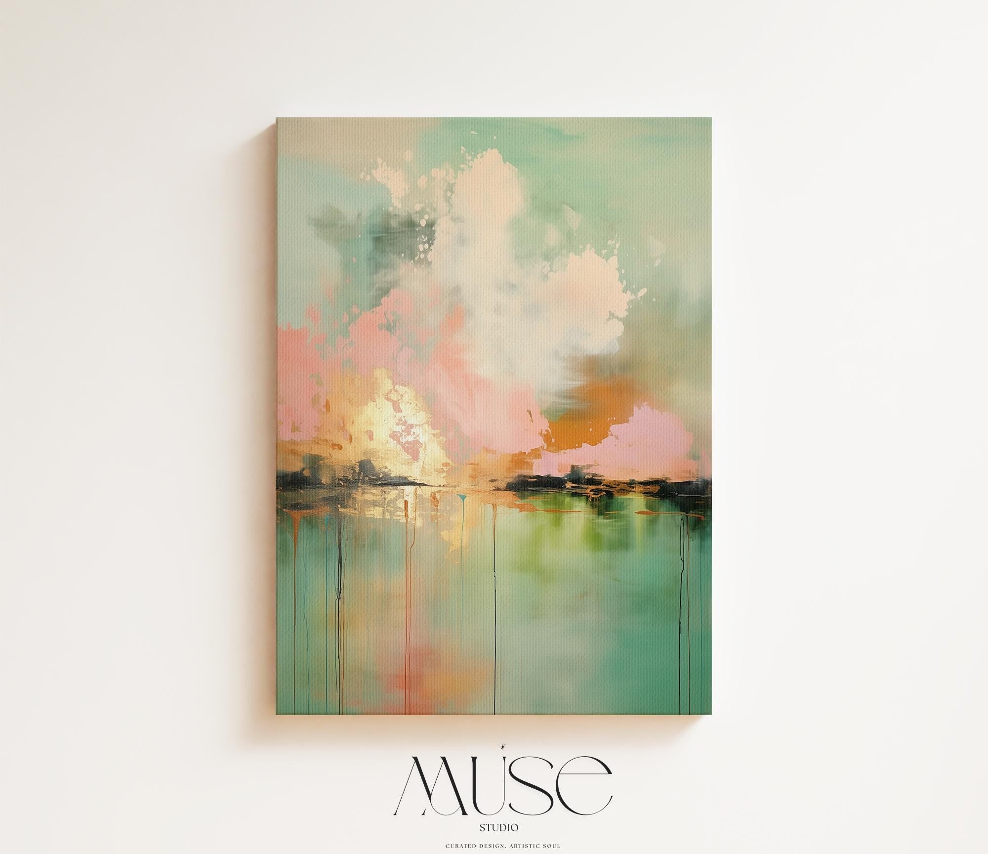 Boho Abstract Canvas Wall Art in Pink and Green Vertical Cloudscape Painting for Bedroom or Living Room Soft Statement Decor for Homes 311
