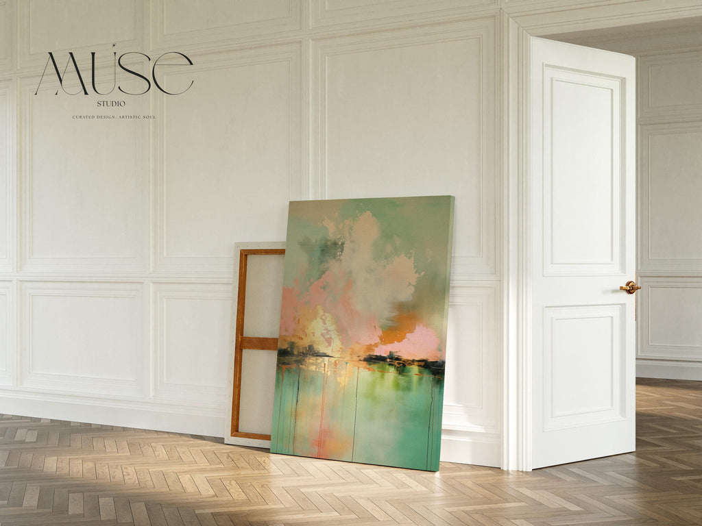 Boho Abstract Canvas Wall Art in Pink and Green Vertical Cloudscape Painting for Bedroom or Living Room Soft Statement Decor for Homes 311