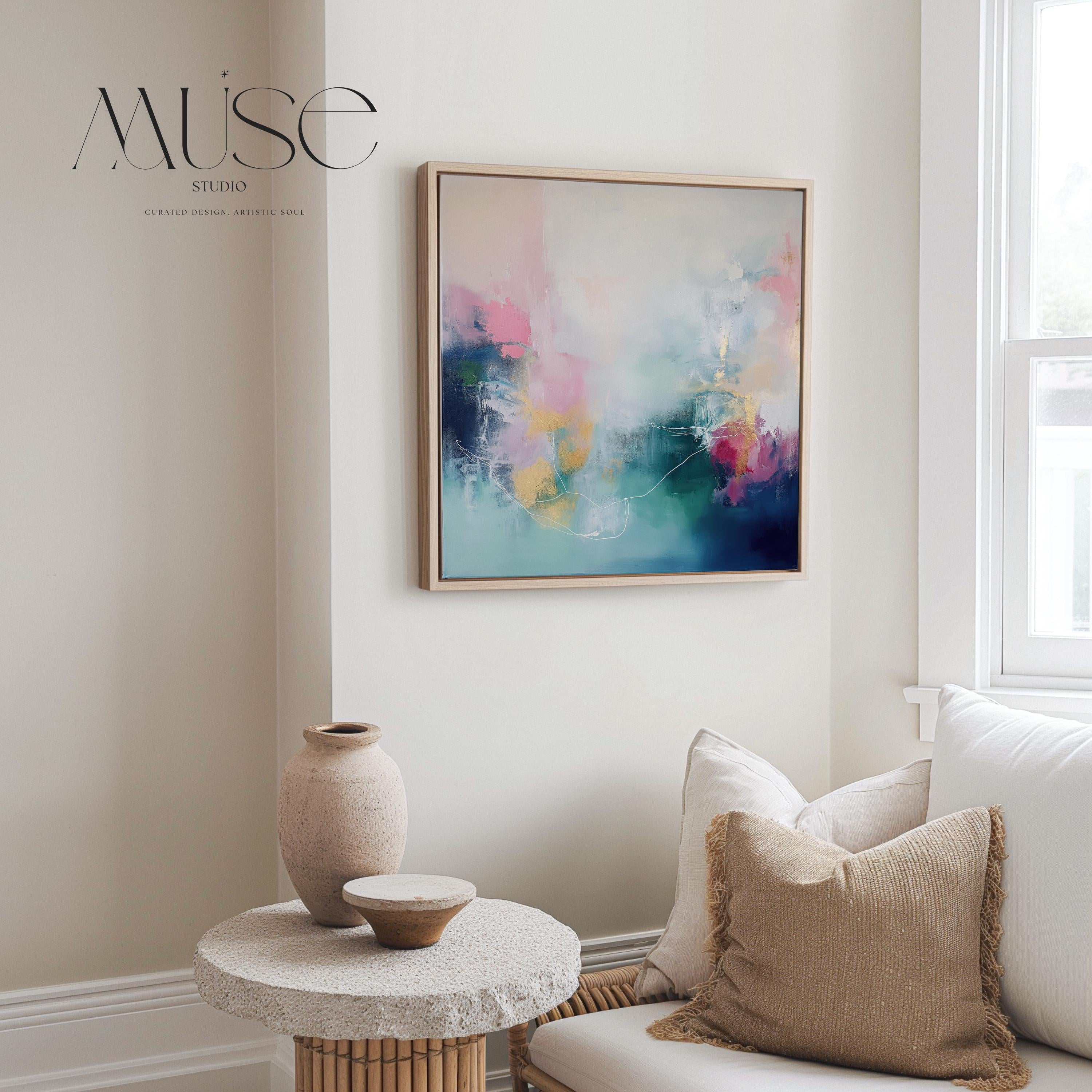 Square Canvas Wall Art in Pink, Navy and Aqua, Oversized Abstract Painting for Living Room or Office, Colorful Contemporary Framed Art 202 Framed Canvas Art Colorful abstract wall art on framed canvas, perfect for bold decor art and modern wall decor. Large statement piece with expressive brushstrokes and rich textures. Ready-to-hang giclée canvas designed to energize living rooms, offices, and curated interiors. Muse Studio Decor Art.