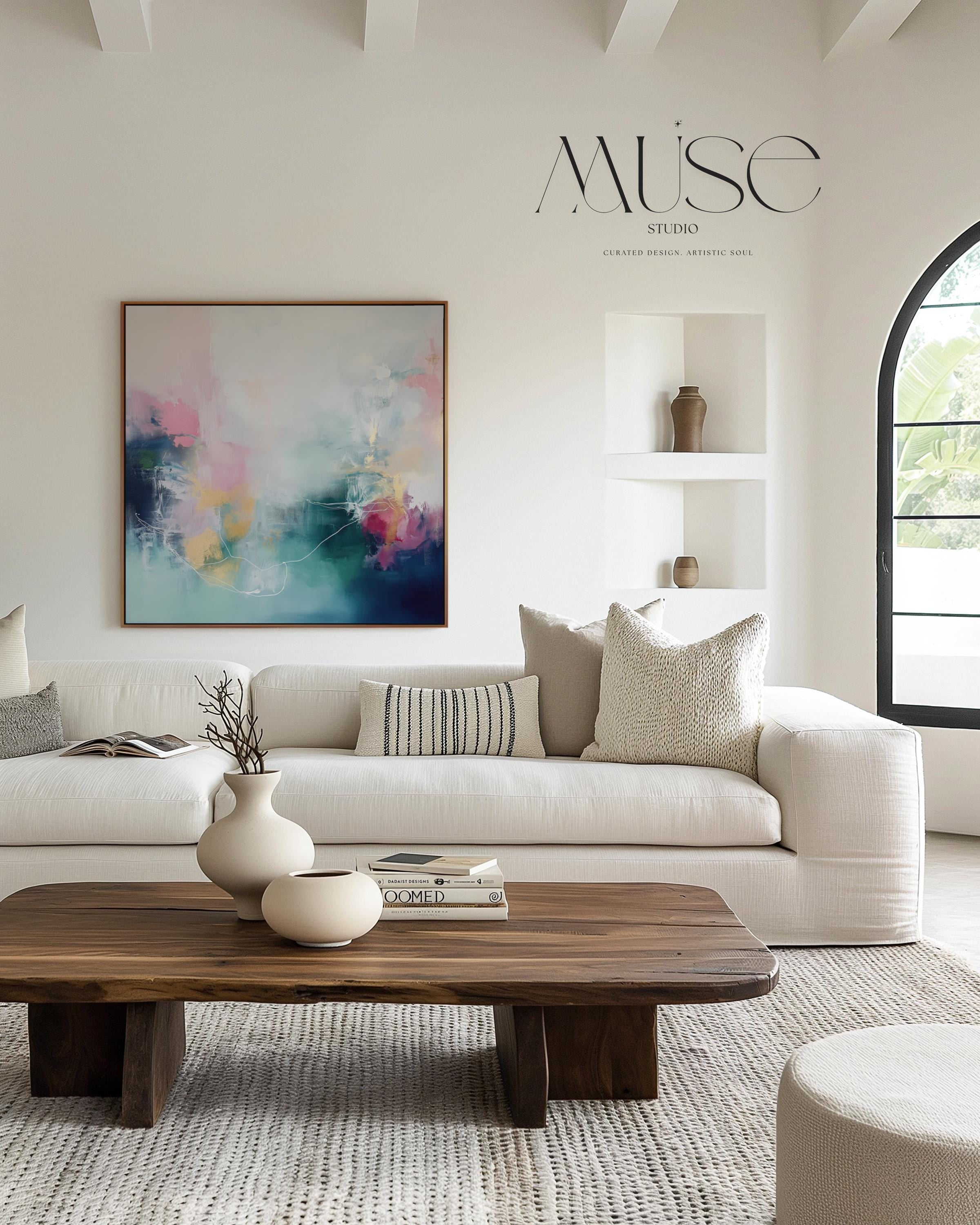 Square Canvas Wall Art in Pink, Navy and Aqua, Oversized Abstract Painting for Living Room or Office, Colorful Contemporary Framed Art 202 Framed Canvas Art Colorful abstract wall art on framed canvas, perfect for bold decor art and modern wall decor. Large statement piece with expressive brushstrokes and rich textures. Ready-to-hang giclée canvas designed to energize living rooms, offices, and curated interiors. Muse Studio Decor Art.