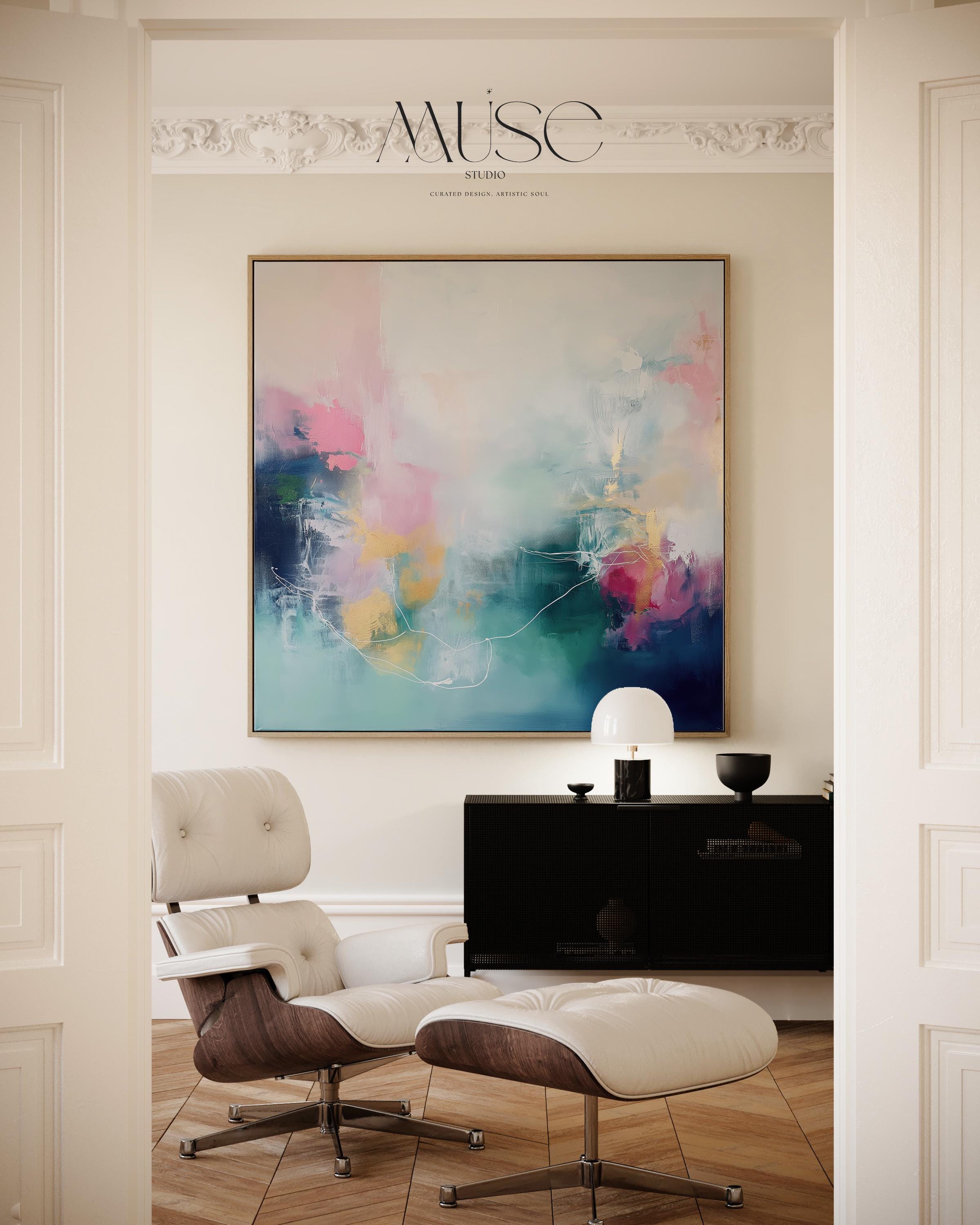 Square Canvas Wall Art in Pink, Navy and Aqua, Oversized Abstract Painting for Living Room or Office, Colorful Contemporary Framed Art 202 Framed Canvas Art Colorful abstract wall art on framed canvas, perfect for bold decor art and modern wall decor. Large statement piece with expressive brushstrokes and rich textures. Ready-to-hang giclée canvas designed to energize living rooms, offices, and curated interiors. Muse Studio Decor Art.