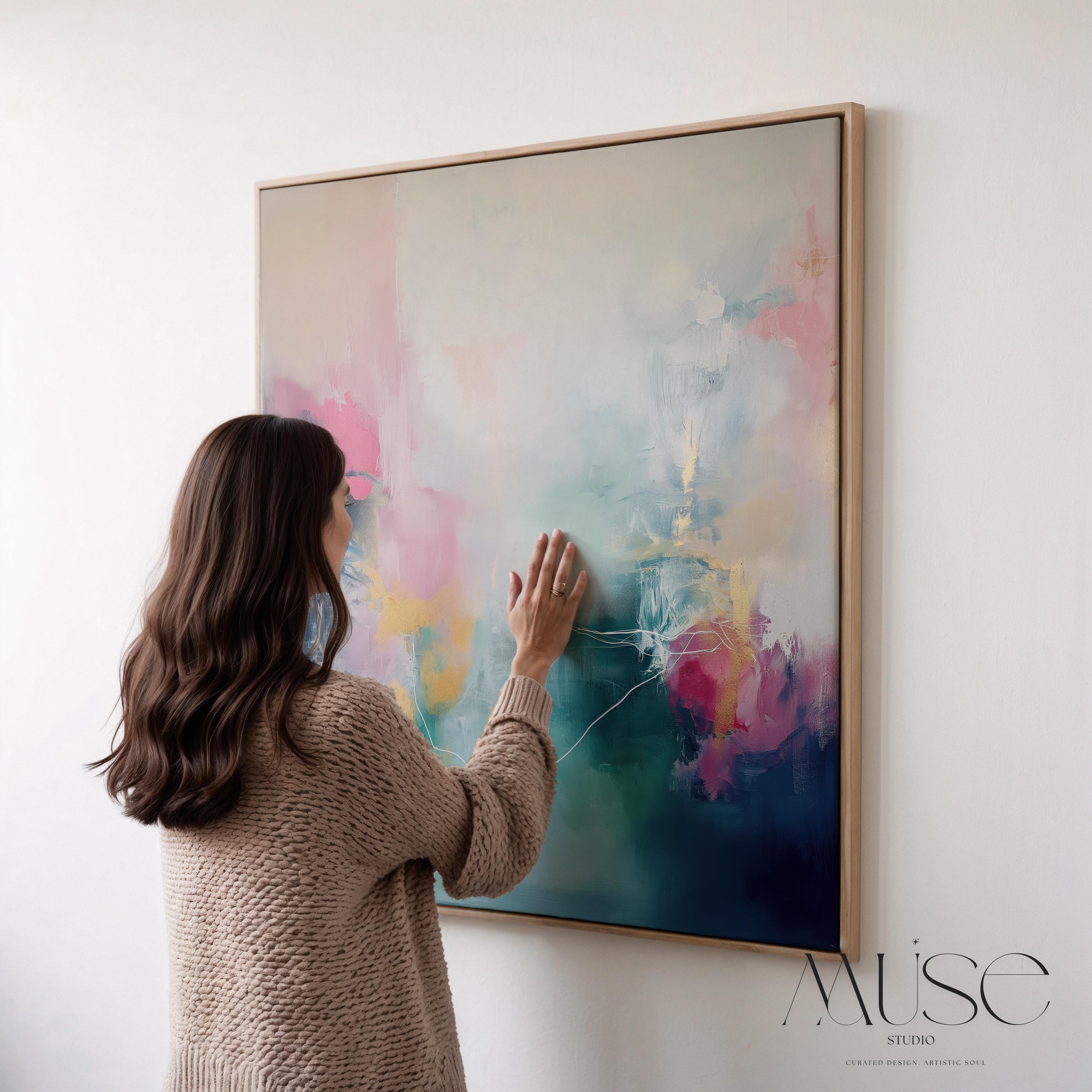 Framed Square Canvas Wall Art in Pink, Navy and Aqua, Oversized Abstract Painting for Living Room or Office, Colorful Contemporary Art 202