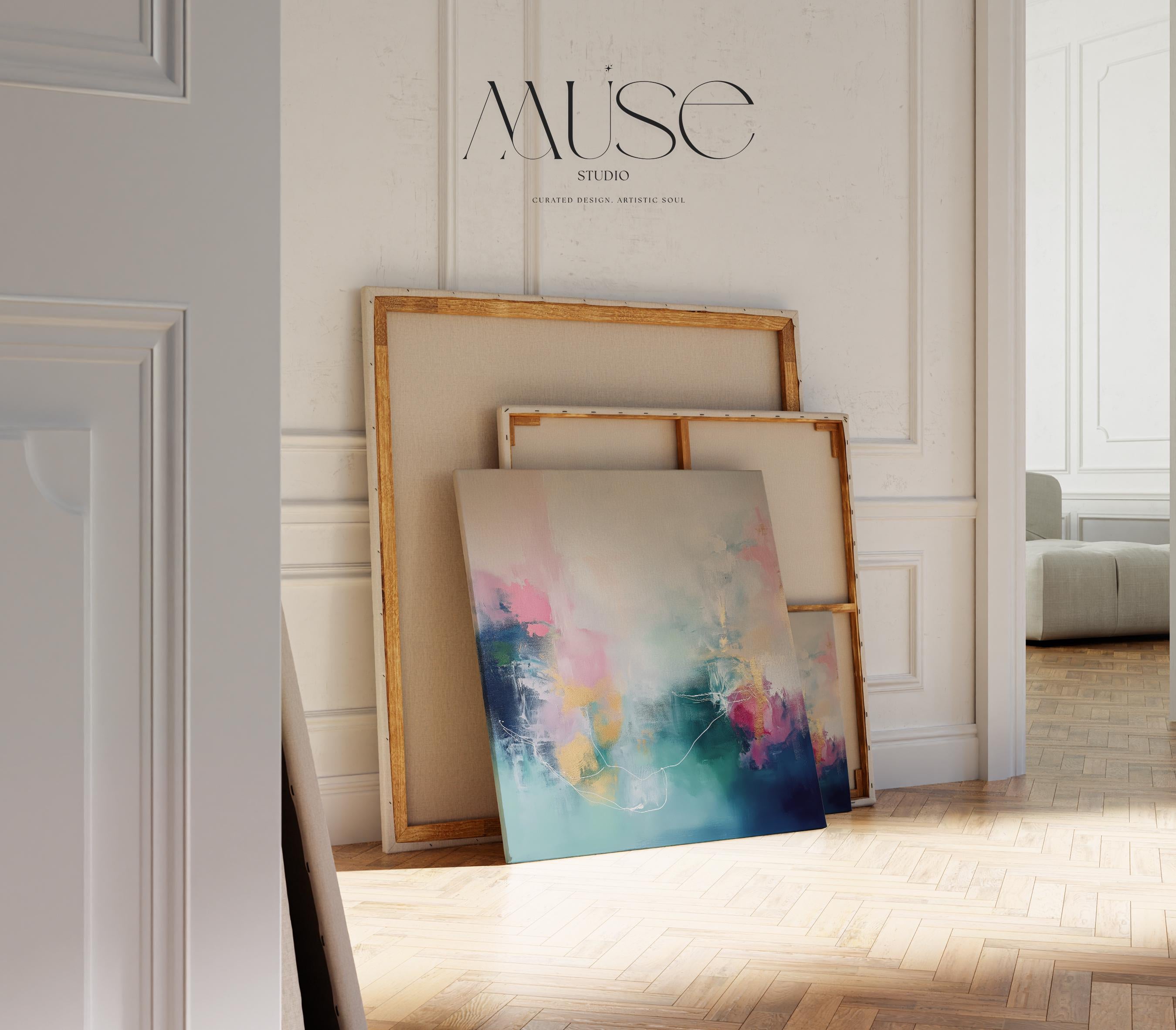 Oversized Square Canvas in Pink, Navy and Aqua, Atmospheric Abstract Wall Art for Living Room or Office, Colorful Modern Decor Art 202