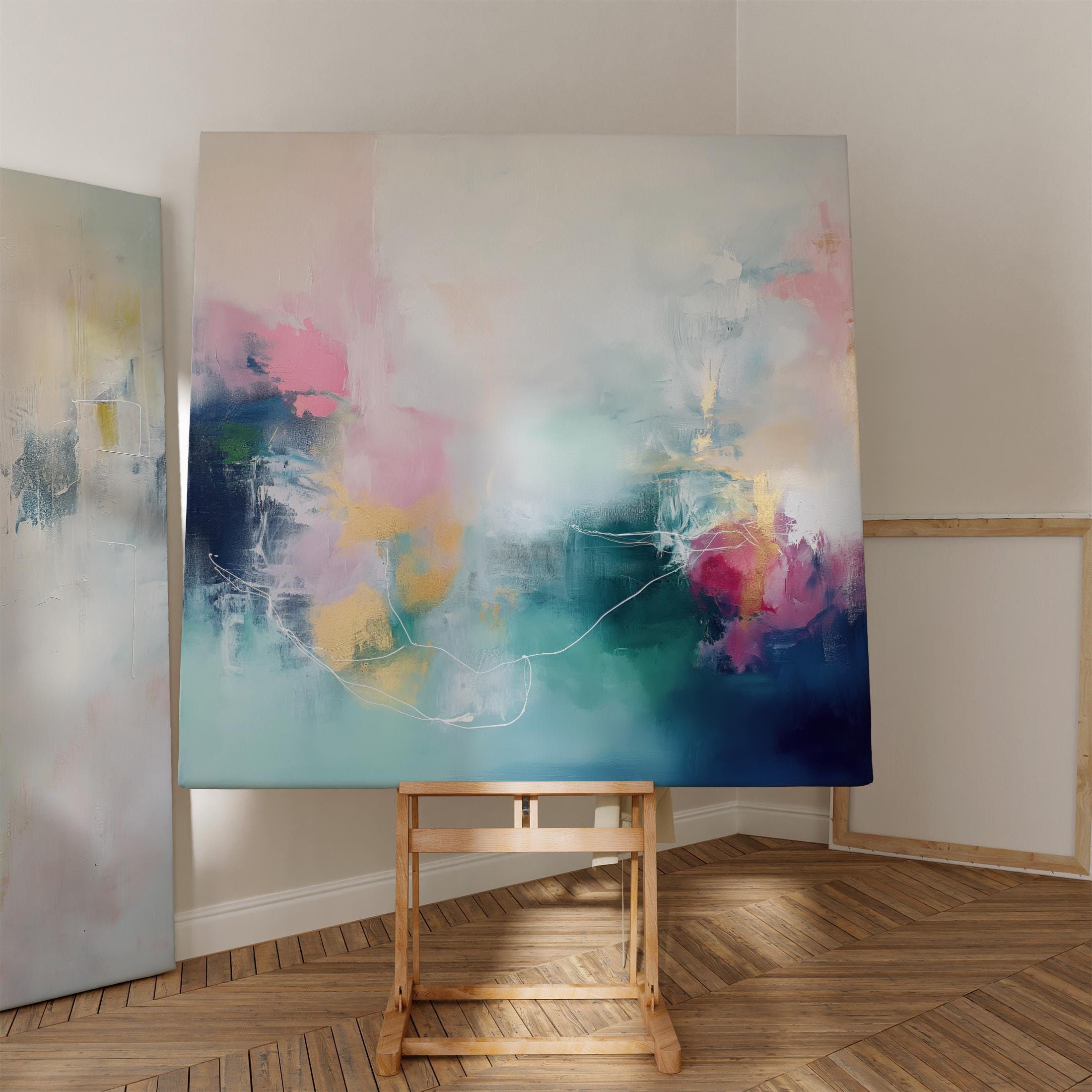 Oversized Square Canvas in Pink, Navy and Aqua, Atmospheric Abstract Wall Art for Living Room or Office, Colorful Modern Decor Art 202