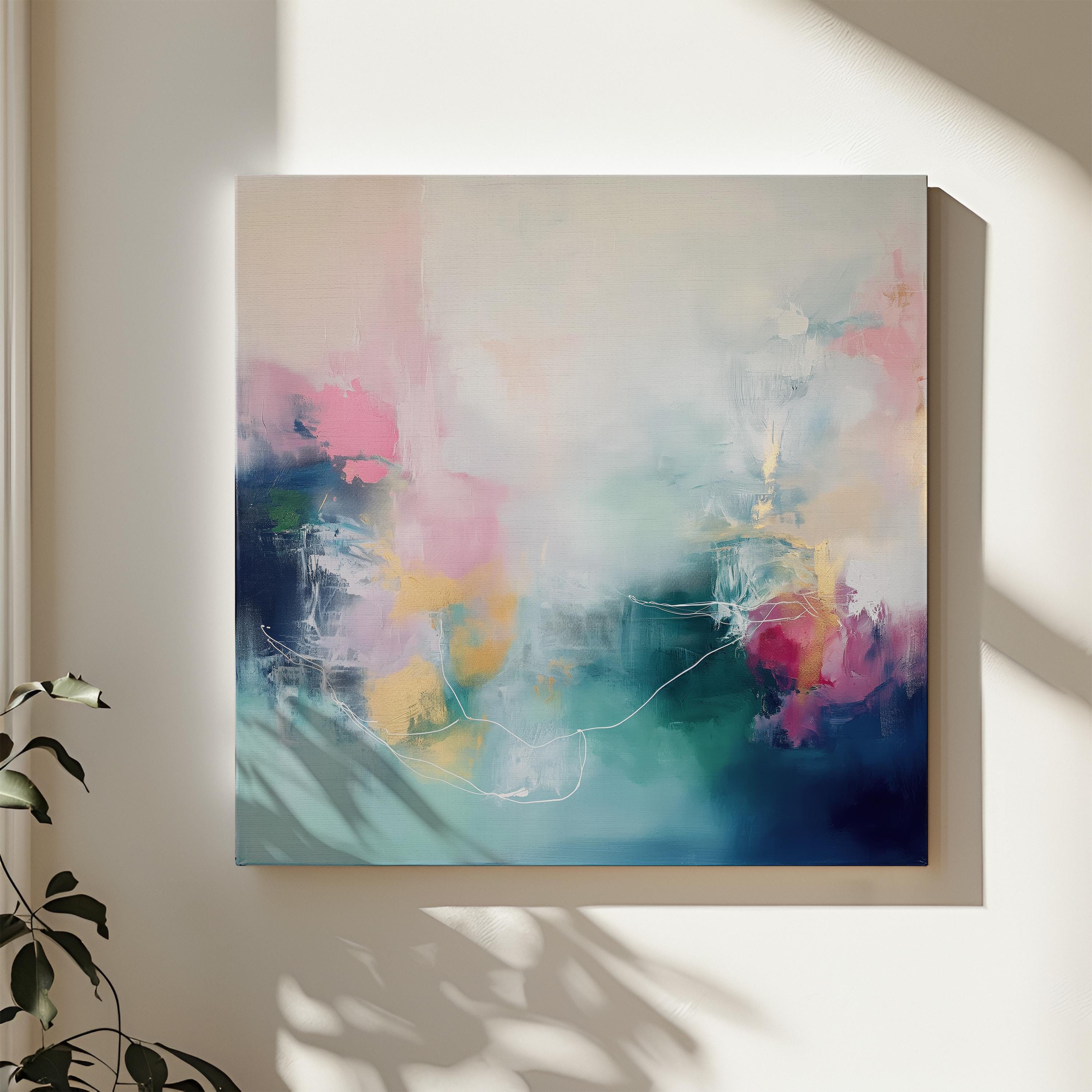 Oversized Square Canvas in Pink, Navy and Aqua, Atmospheric Abstract Wall Art for Living Room or Office, Colorful Modern Decor Art 202