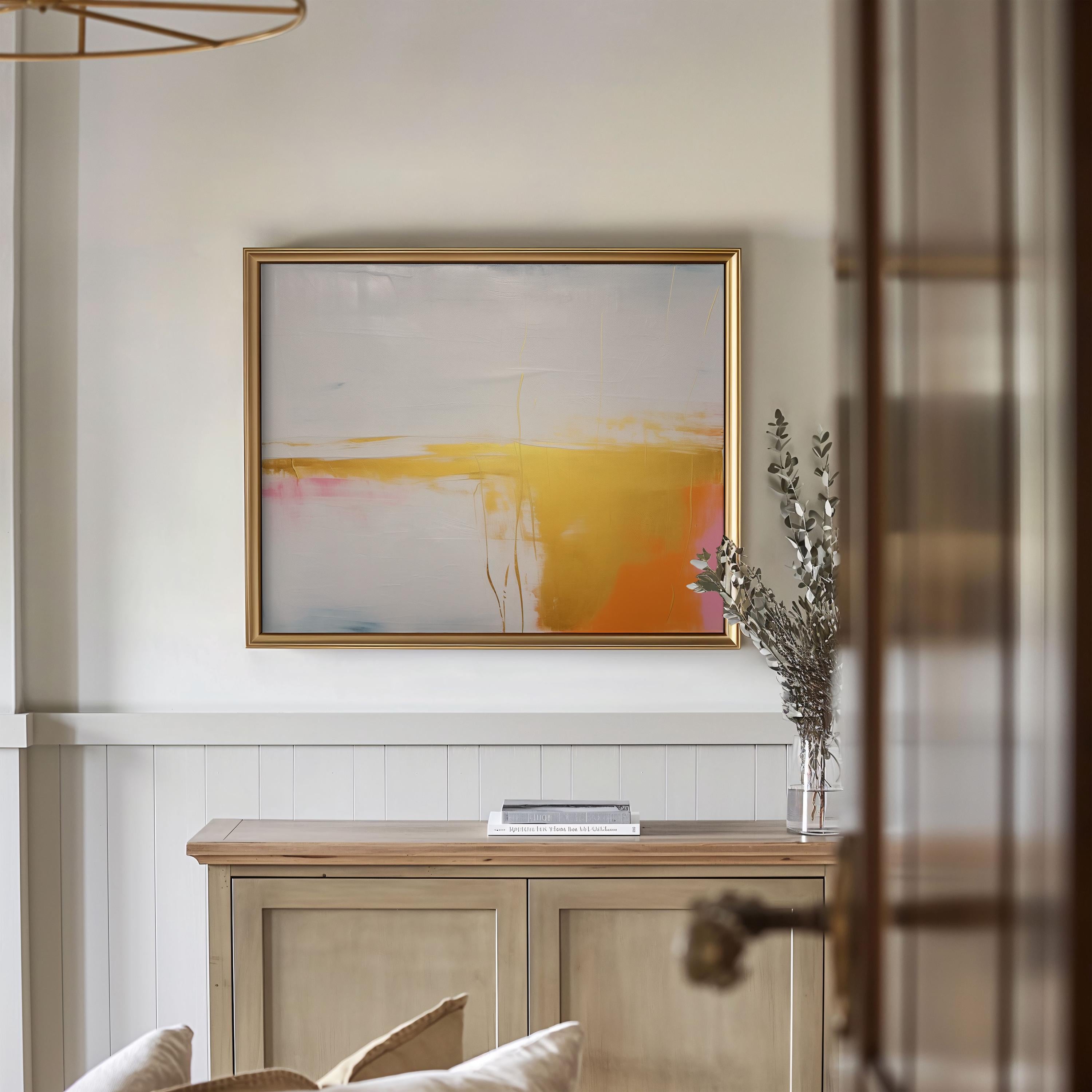 Abstract Horizontal Canvas Wall Art in Gold and Peach, Modern Minimalist Painting, Framed Decor Art for Living Room or Entryway | 367