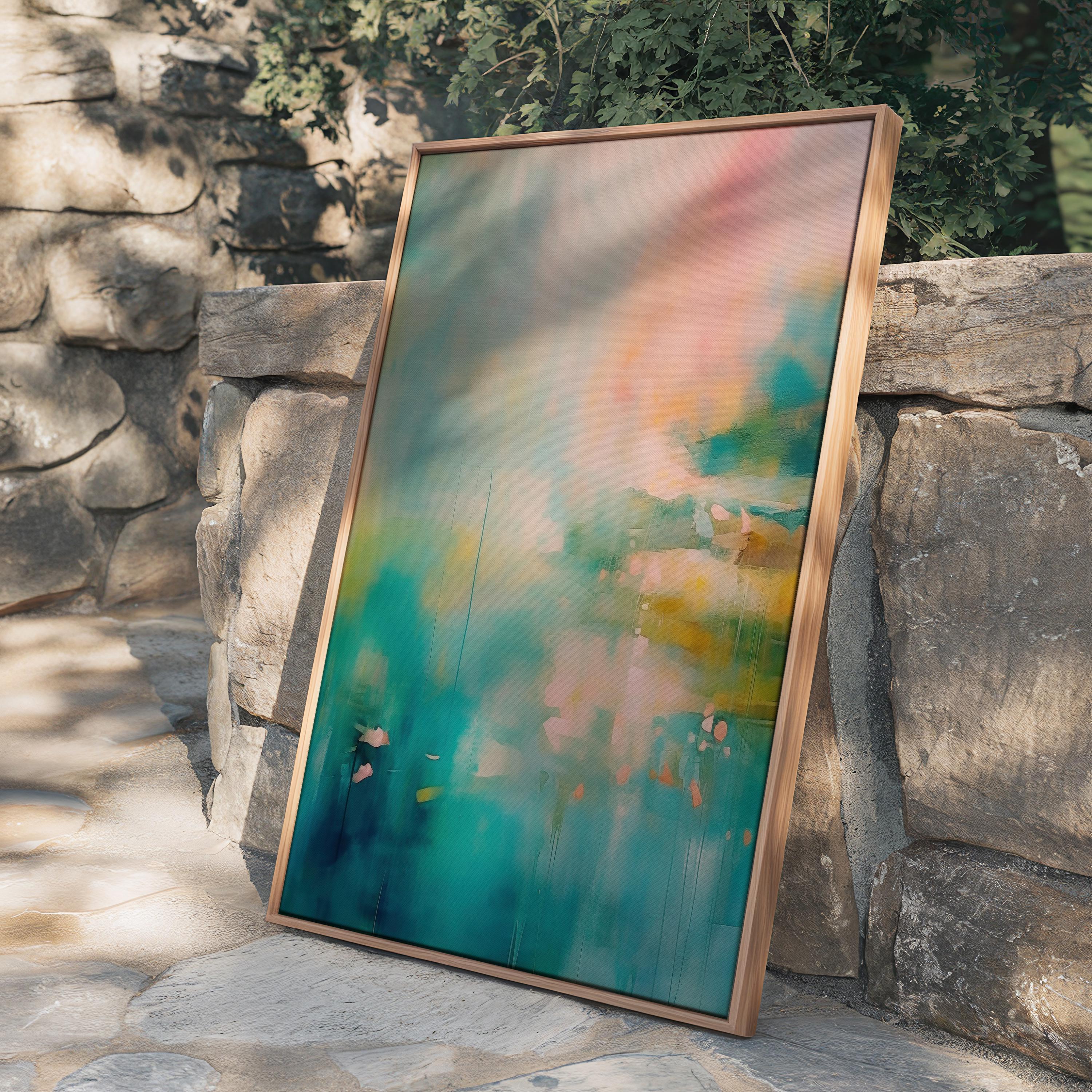 Vertical teal and coral abstract wall art titled “Coral Garden,” featuring ocean-inspired color layers and expressive movement in a vibrant modern style. Ideal for living room or office decor. Available as a framed canvas wall art by Muse Studio.
