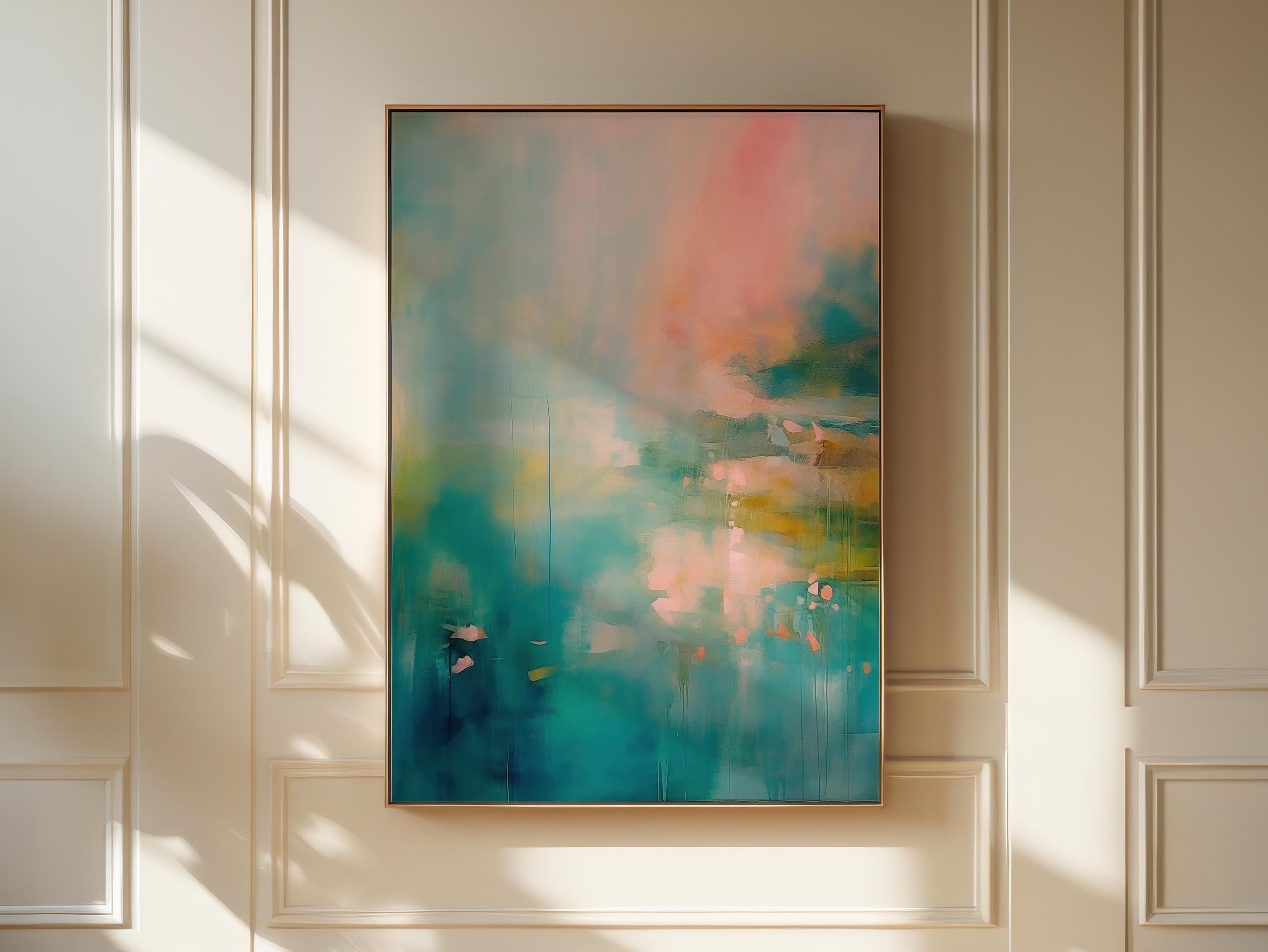 Vertical teal and coral abstract wall art titled “Coral Garden,” featuring ocean-inspired color layers and expressive movement in a vibrant modern style. Ideal for living room or office decor. Available as a framed canvas wall art by Muse Studio.