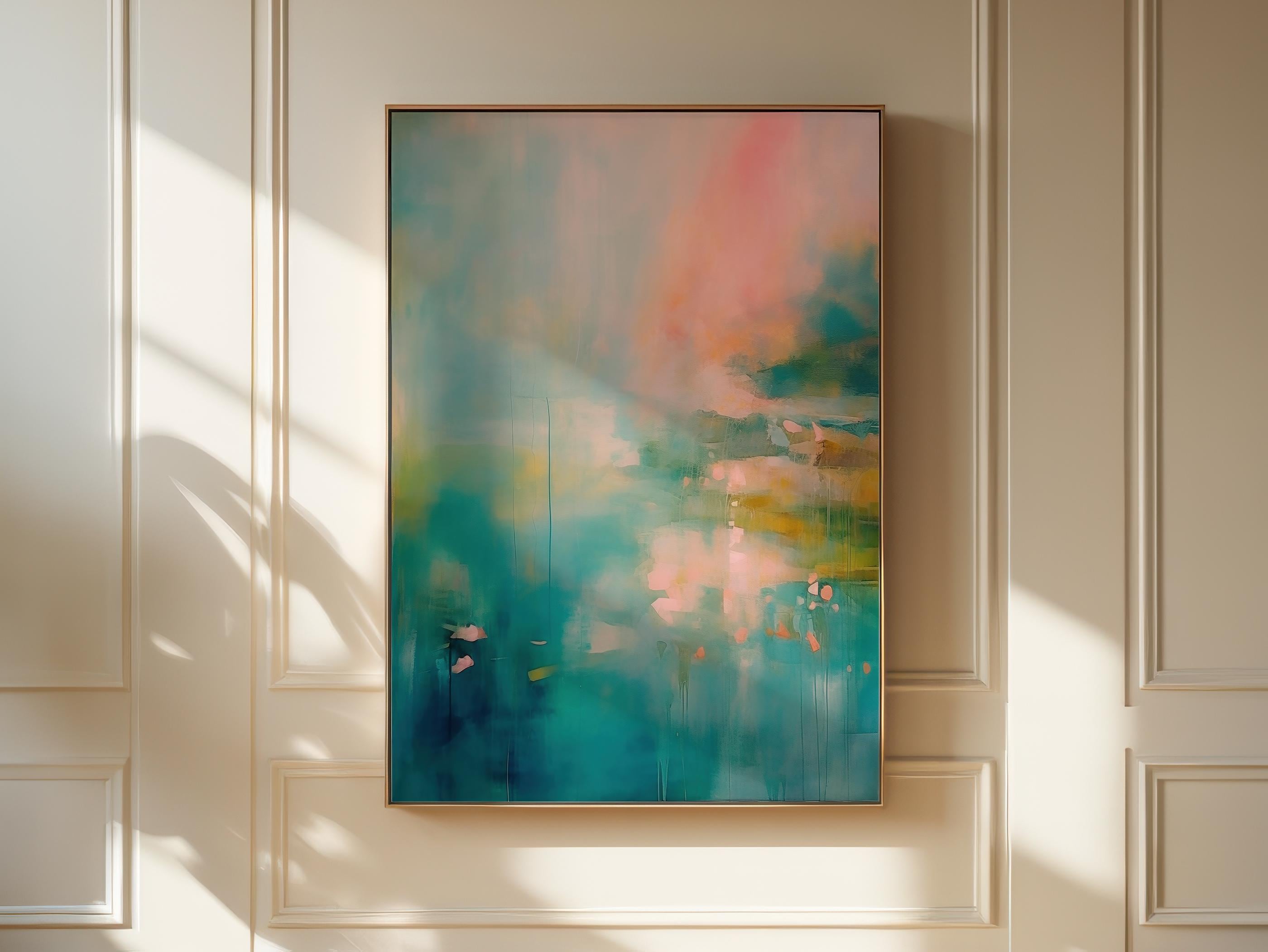 Vertical teal and coral abstract wall art titled “Coral Garden,” featuring ocean-inspired color layers and expressive movement in a vibrant modern style. Ideal for living room or office decor. Available as a framed canvas wall art by Muse Studio.