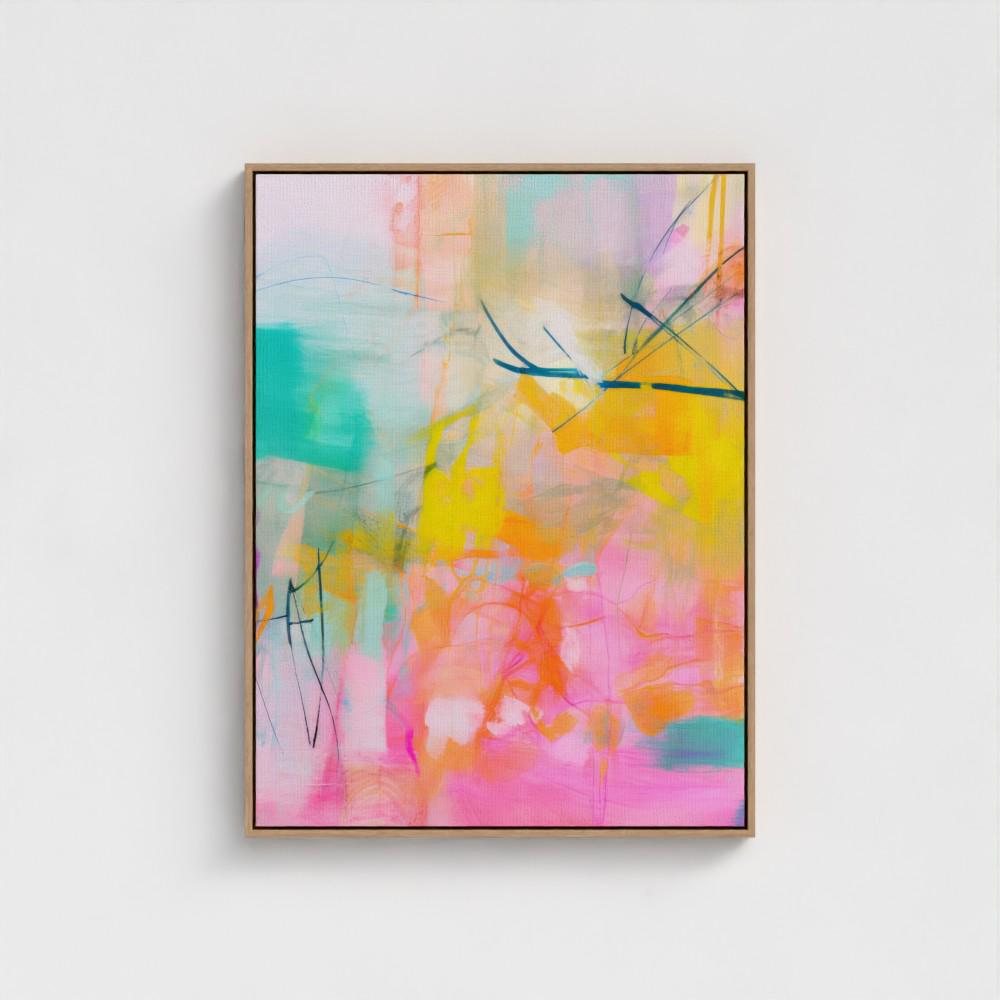 Colorful abstract art print on framed canvas, perfect for vibrant wall decor, modern home design, office decor, and staging projects. Large statement art featuring bold brushstrokes and colorful texture. Ready-to-hang giclée canvas adds energy to any living space. Colorful Abstract Wall Art Vertical Canvas Painting Pink Orange Yellow Teal Modern Giclee Print Large Bright Artwork for Home Decor 004
