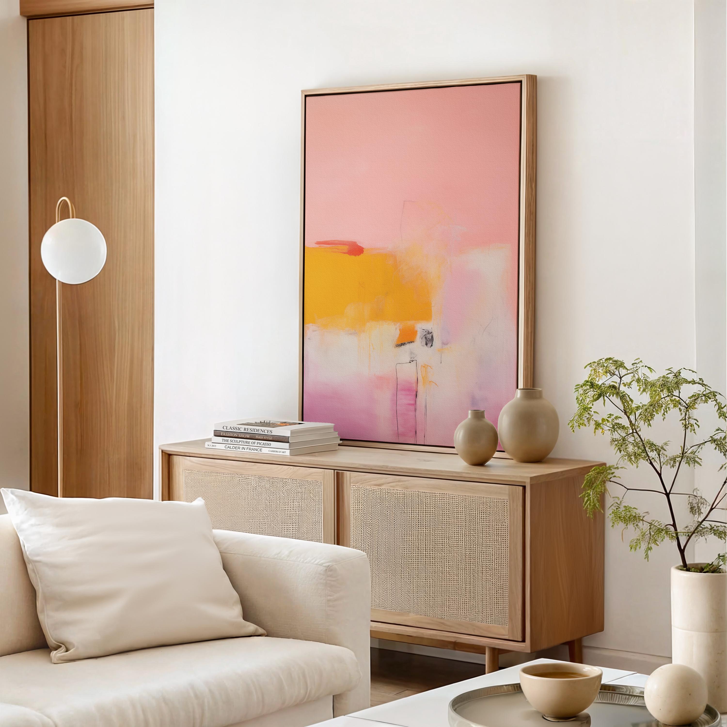 Colorful abstract wall art staged in modern neutral home decor. Large statement art print displayed in living room, bedroom, or office space. Vibrant canvas or giclée print adds bold style to contemporary interiors, perfect for home decor, office staging, and design projects
 Pink Yellow Abstract Wall Art Square Canvas Painting Modern Colorful Giclee Print Large Contemporary Artwork for Living Room Decor 380