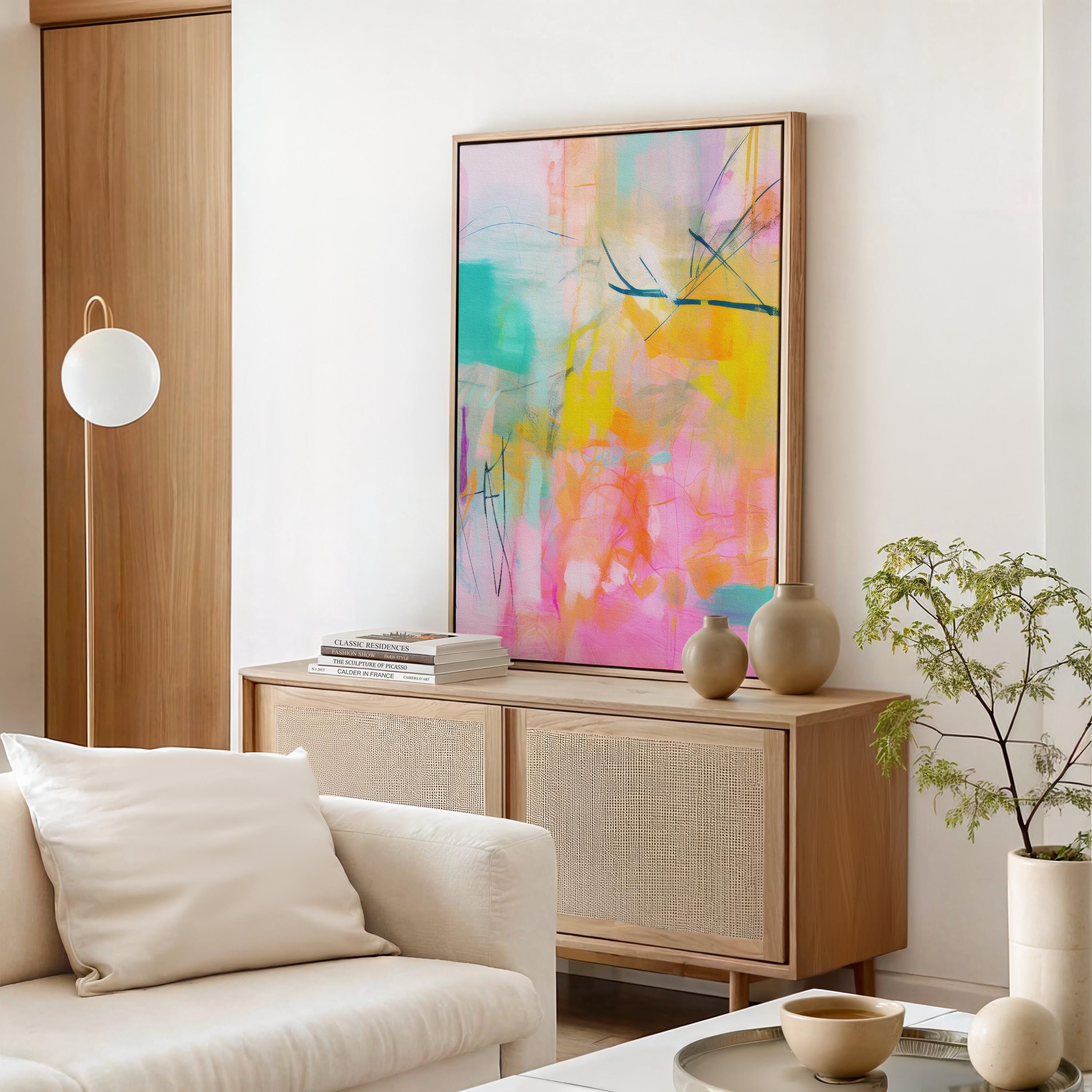 Colorful Abstract Wall Art Vertical Canvas Painting Pink Orange Yellow Teal Modern Giclee Print Large Bright Artwork for Home Decor 004 Colorful abstract wall art staged in modern neutral home decor. Large statement art print displayed in living room, bedroom, or office space. Vibrant canvas or giclée print adds bold style to contemporary interiors, perfect for home decor, office staging, and design projects