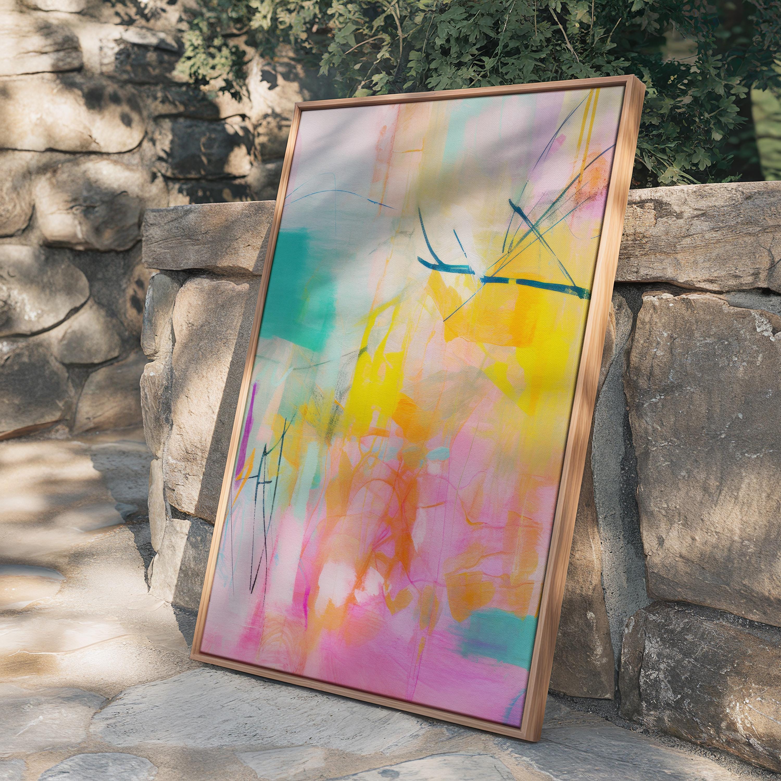 Colorful abstract art print on framed canvas, perfect for vibrant wall decor, modern home design, office decor, and staging projects. Large statement art featuring bold brushstrokes and colorful texture. Ready-to-hang giclée canvas adds energy to any living space. Colorful Abstract Wall Art Vertical Canvas Painting Pink Orange Yellow Teal Modern Giclee Print Large Bright Artwork for Home Decor 004