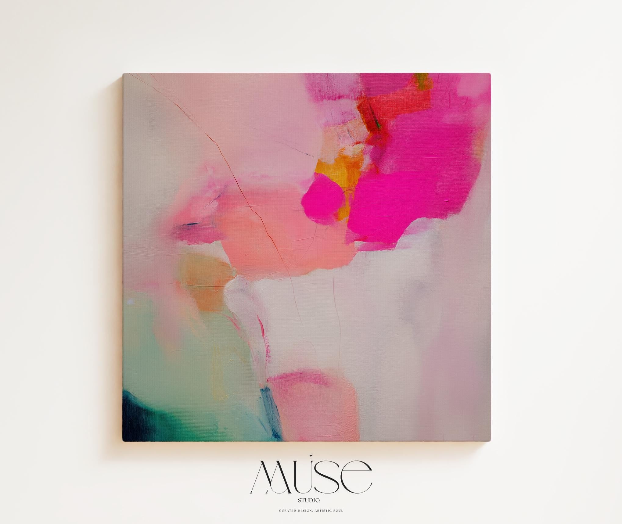 Square canvas wall art featuring bold hot pink and coral brushstrokes with layered abstract textures. A boho color pop statement piece designed to energize modern interiors. Perfect for living rooms, bedrooms, or above-bed styling. Available as gallery-wrapped canvas or floating framed canvas in FSC-certified wood.