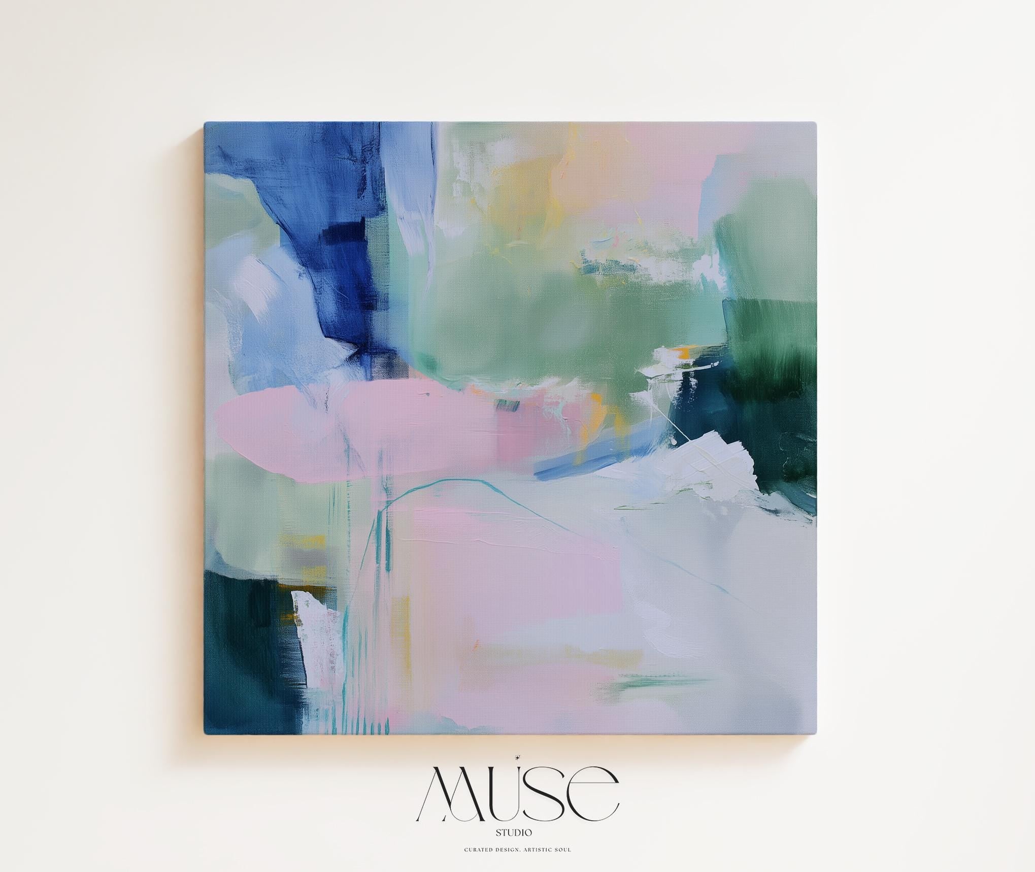 Square canvas wall art featuring soft green and lavender brushstrokes with pastel abstract layers. A serene and modern piece styled for contemporary interiors. Perfect as large wall art for living rooms, bedrooms, or above the bed. Available as gallery-wrapped canvas or floating framed canvas in FSC-certified wood.