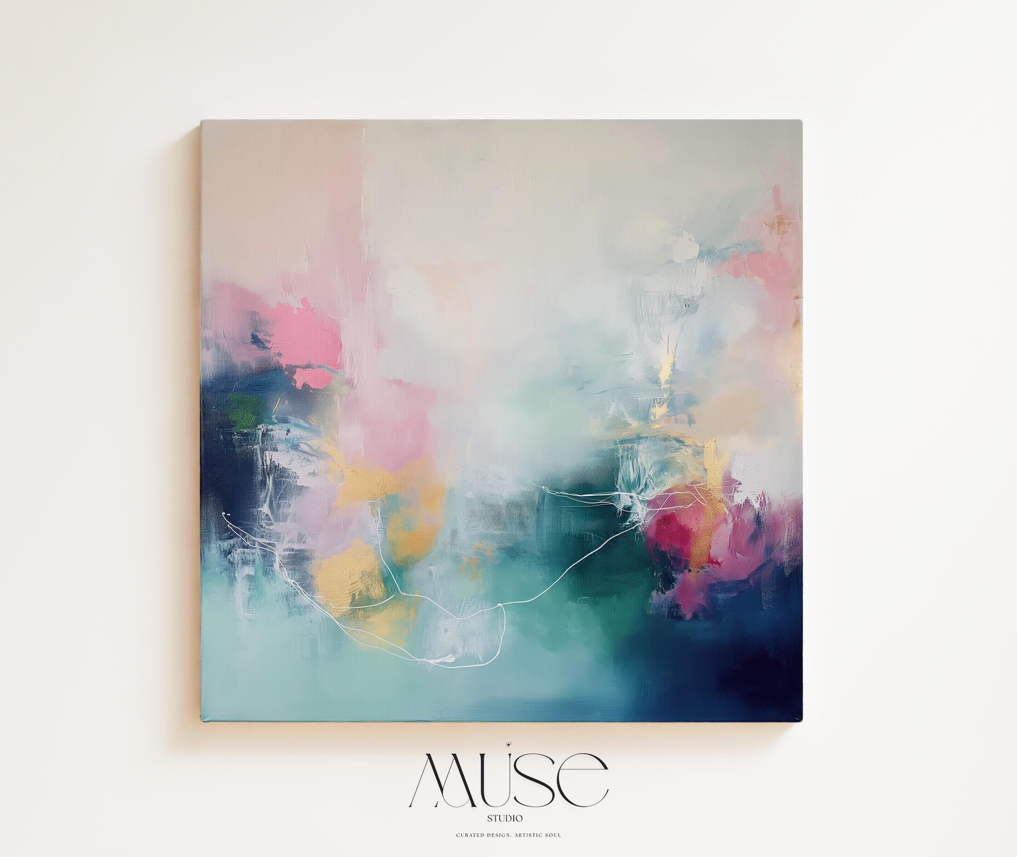 Square framed canvas wall art featuring soft pink, teal, and deep blue abstract brushstrokes in a dreamy layered style. A colorful statement artwork perfect for bedrooms, living rooms, or above the bed. Available in FSC-certified floating frames with a ready-to-hang finish.