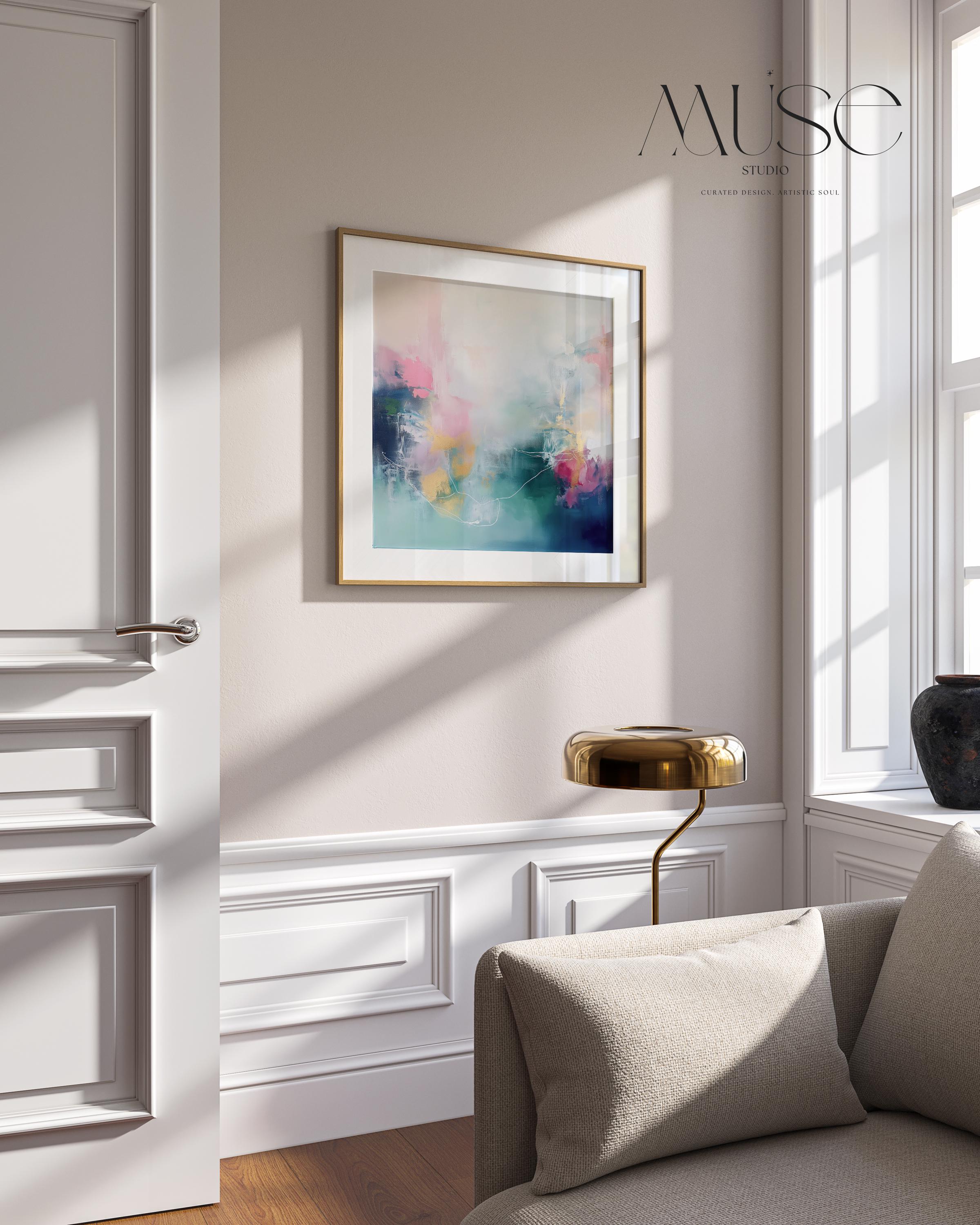Square art print featuring soft pink and blue abstract brushstrokes in a dreamy contemporary style. Designed for modern interiors and curated spaces, this fine art print brings a colorful yet serene atmosphere to bedrooms, living rooms, or above-bed placements. Available as a rolled fine art poster print on museum-grade paper for custom framing.