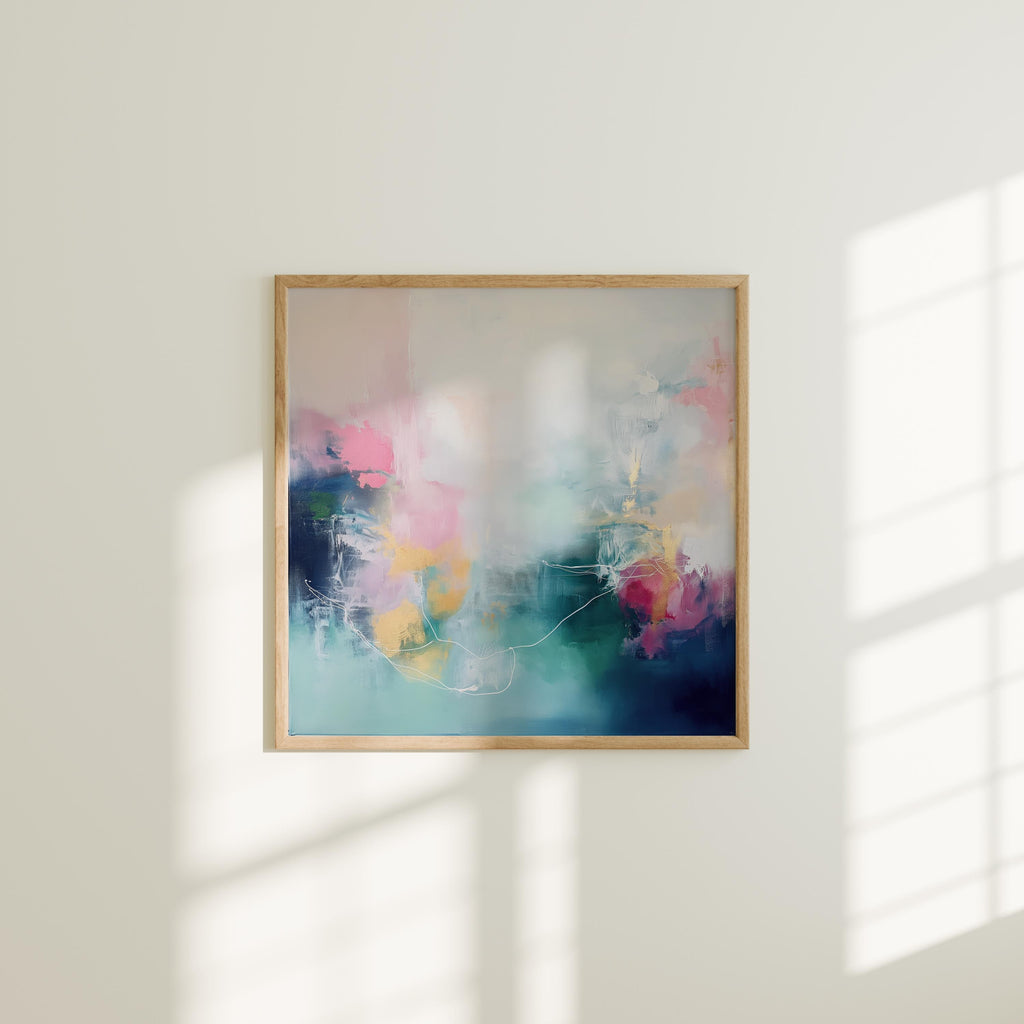 Square art print featuring soft pink and blue abstract brushstrokes in a dreamy contemporary style. Designed for modern interiors and curated spaces, this fine art print brings a colorful yet serene atmosphere to bedrooms, living rooms, or above-bed placements. Available as a rolled fine art poster print on museum-grade paper for custom framing.