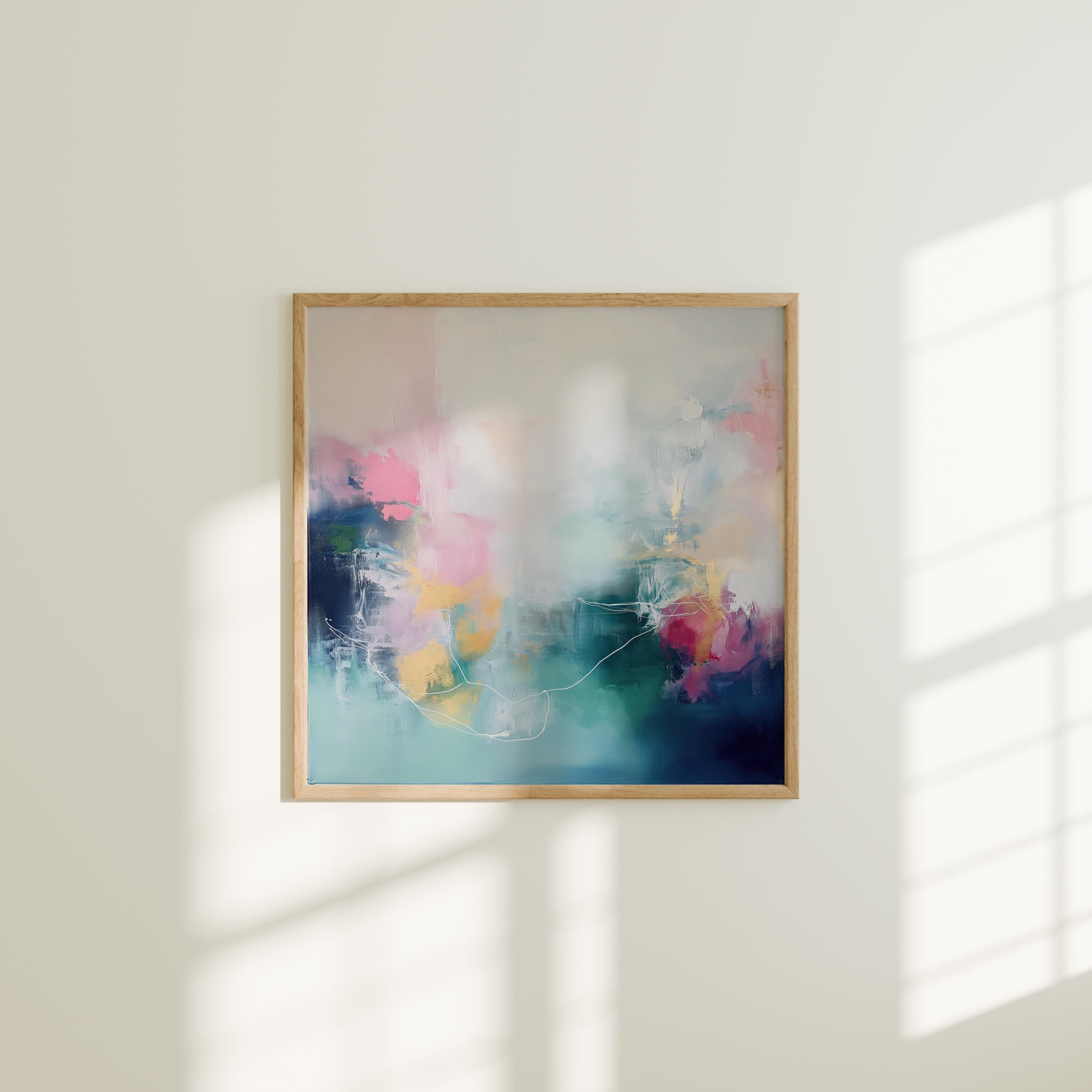 Square art print featuring soft pink and blue abstract brushstrokes in a dreamy contemporary style. Designed for modern interiors and curated spaces, this fine art print brings a colorful yet serene atmosphere to bedrooms, living rooms, or above-bed placements. Available as a rolled fine art poster print on museum-grade paper for custom framing.