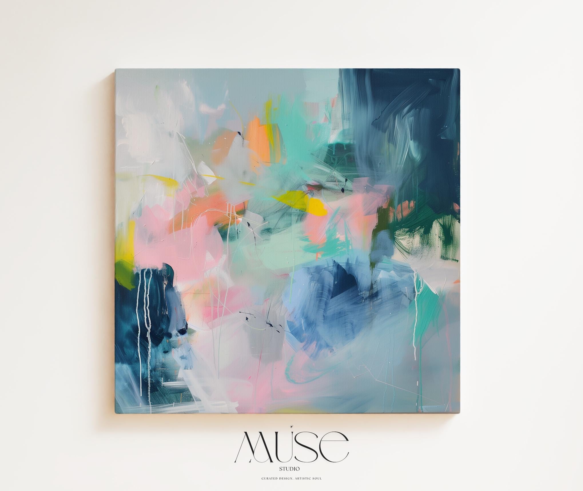 Square abstract wall art featuring bold pink, blue, and green brushstrokes. Modern boho statement canvas styled for a living room. Available as gallery-wrapped canvas, framed canvas, or fine art poster print.