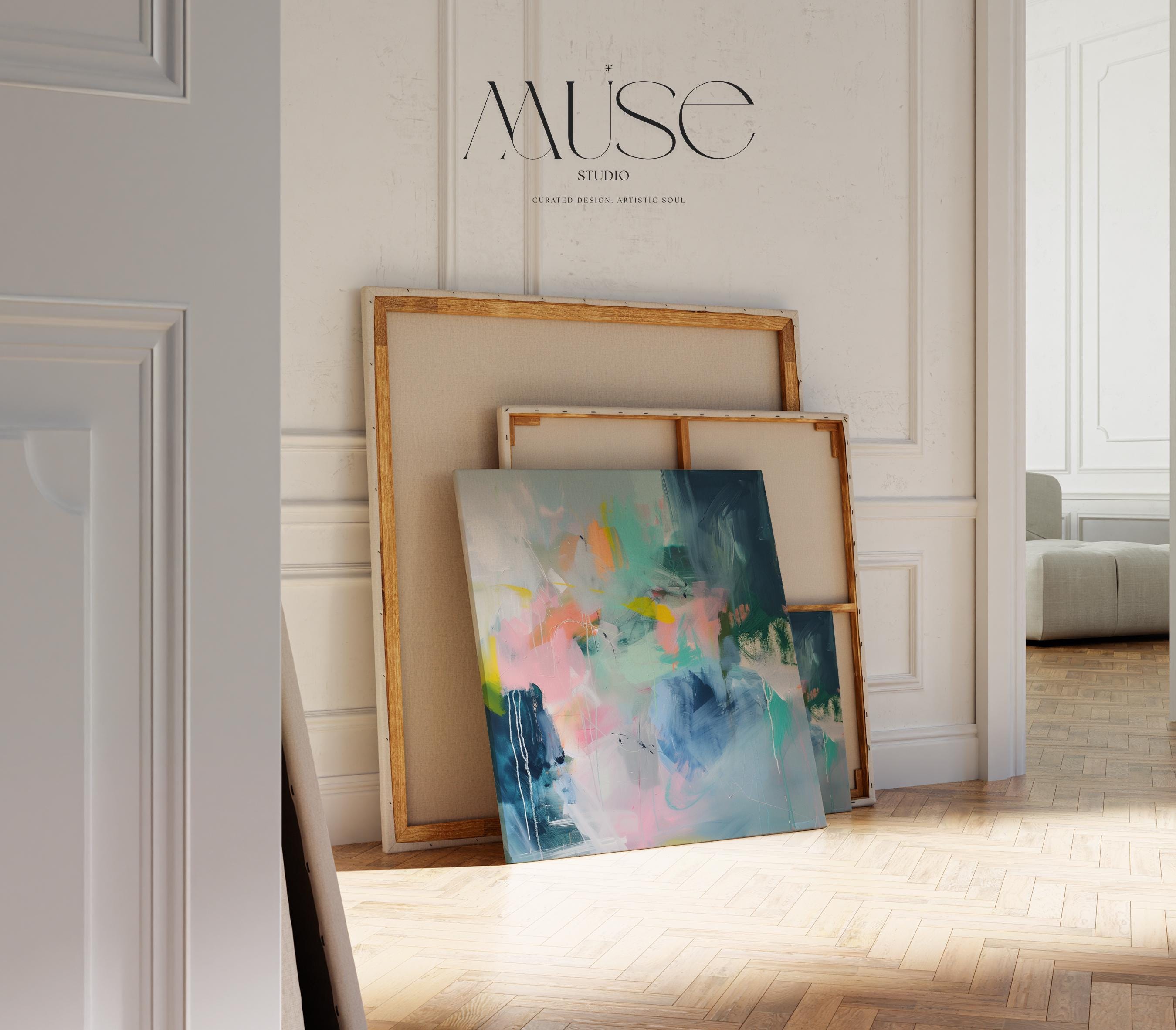 Square abstract wall art featuring bold pink, blue, and green brushstrokes. Modern boho statement canvas styled for a living room. Available as gallery-wrapped canvas, framed canvas, or fine art poster print.