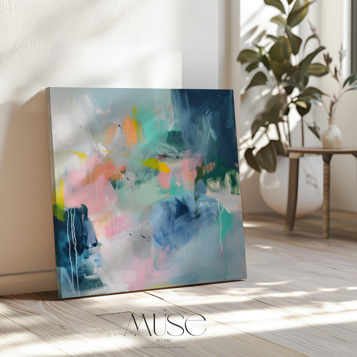 Bold Square Abstract Canvas Wall Art in Pink Blue and Green, Modern Framed Artwork for Living Room Office, Colorful Statement Home Decor 396 Stretched Canvas Art Large abstract wall decor on stretched canvas, gallery-wrapped and ready to hang. Perfect for colorful wall art in living rooms, office spaces, and design projects. Giclée canvas print with bold brushwork and vibrant modern style for impactful home decor. Muse Studio Decor Art.