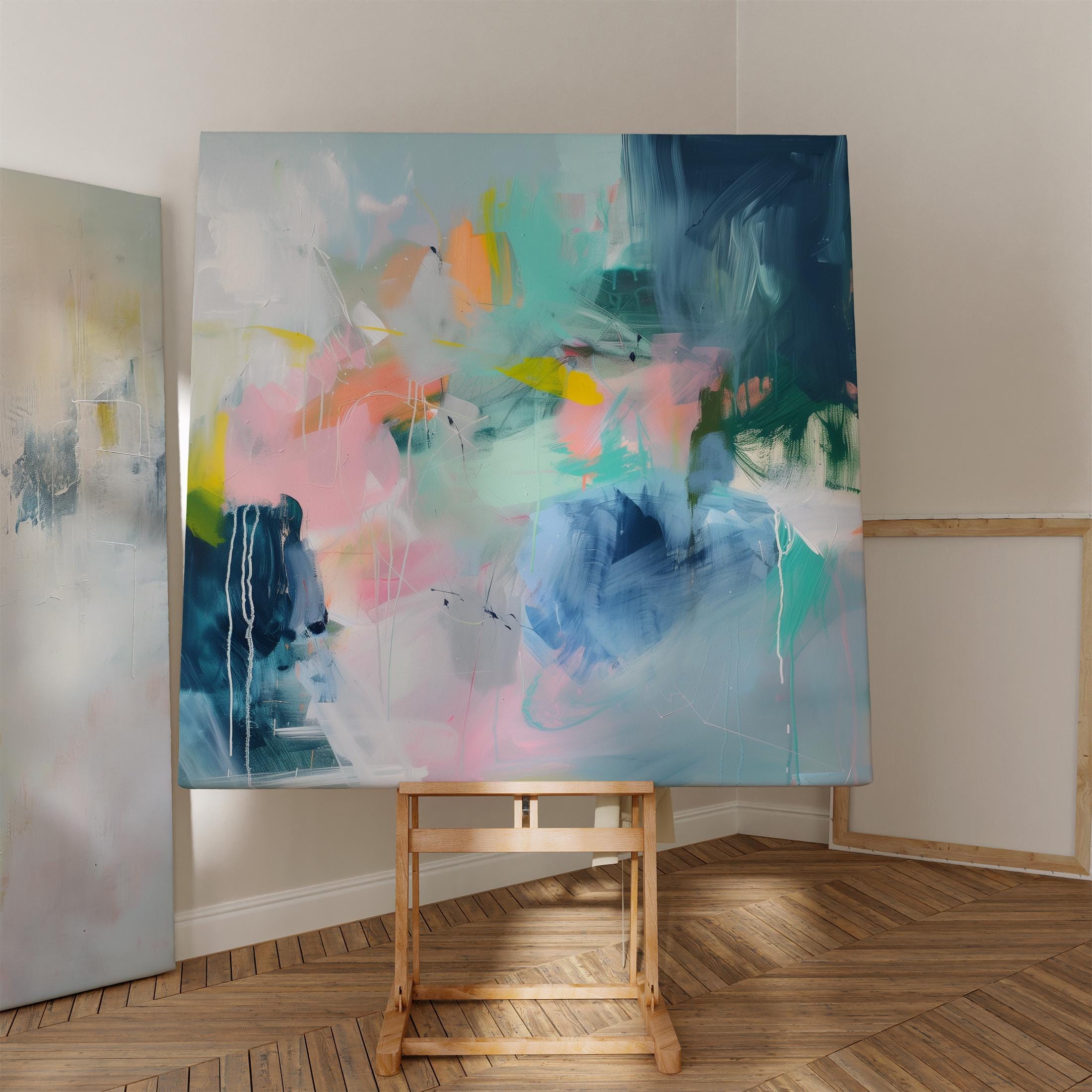 Bold Square Abstract Canvas Wall Art in Pink Blue and Green, Modern Framed Artwork for Living Room Office, Colorful Statement Home Decor 396