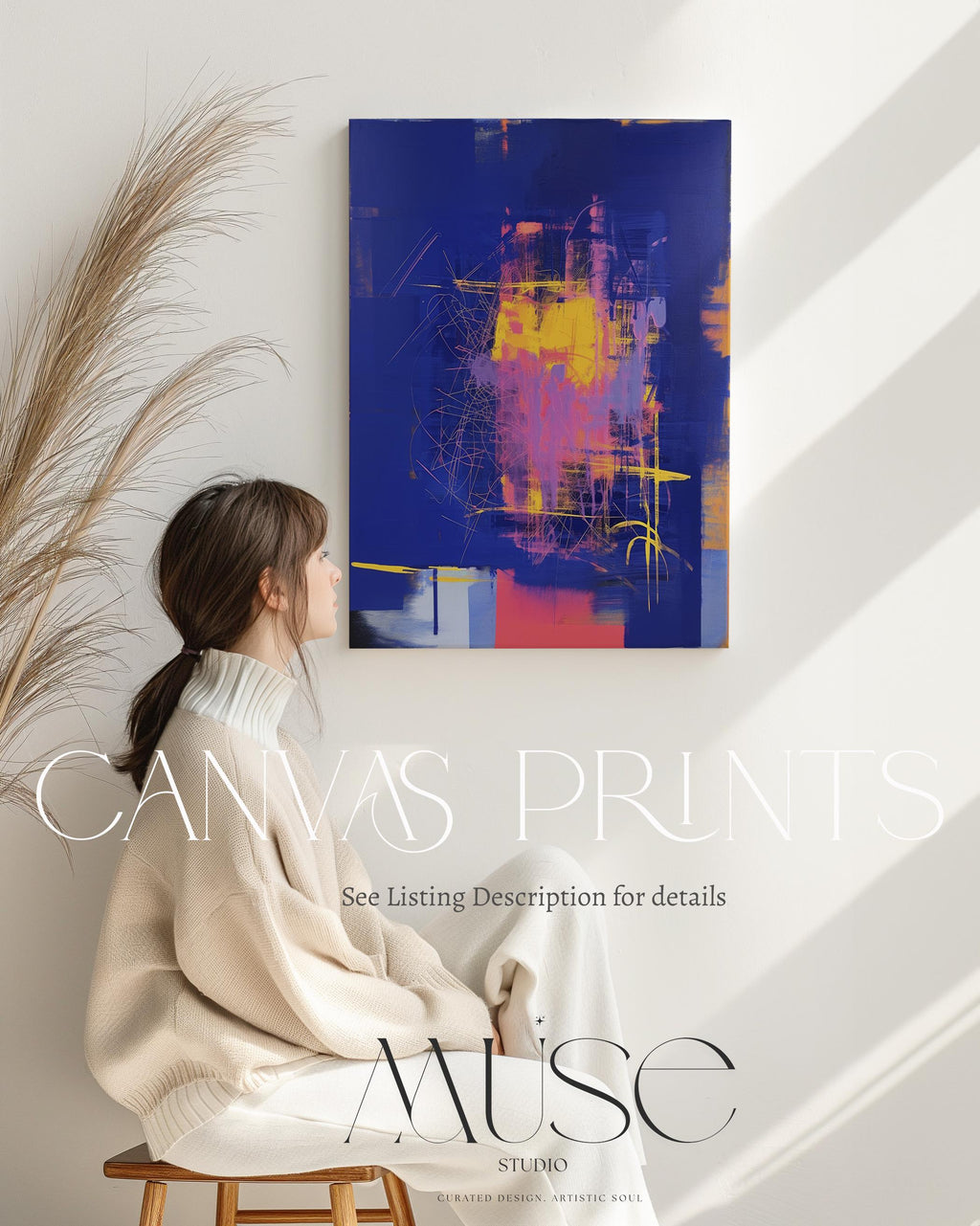 Colorful Abstract Wall Art Vertical Canvas Painting Blue Yellow Pink Modern Giclee Print Large Contemporary Artwork for Home Decor 002