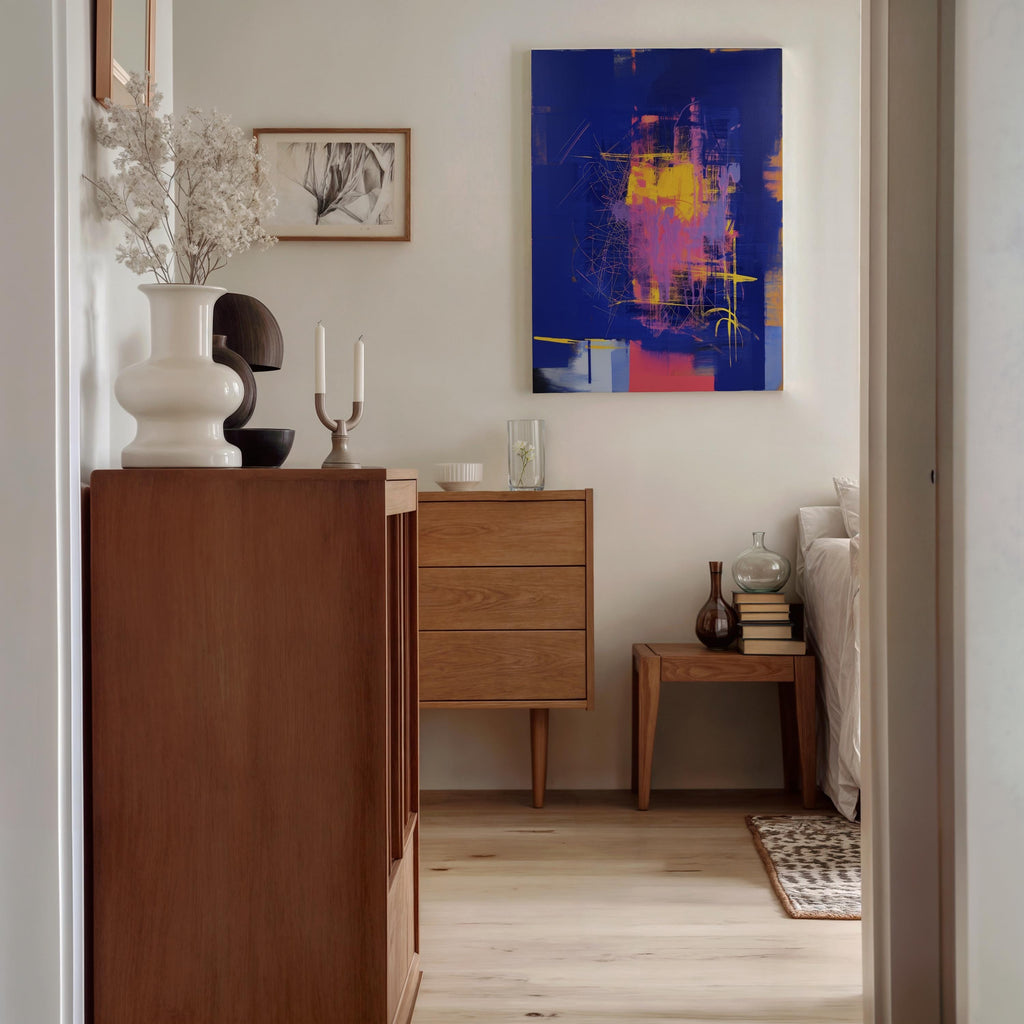 Colorful Abstract Wall Art Vertical Canvas Painting Blue Yellow Pink Modern Giclee Print Large Contemporary Artwork for Home Decor 002 Colorful abstract wall art staged in modern neutral home decor. Large statement art print displayed in living room, bedroom, or office space. Vibrant canvas or giclée print adds bold style to contemporary interiors, perfect for home decor, office staging, and design projects