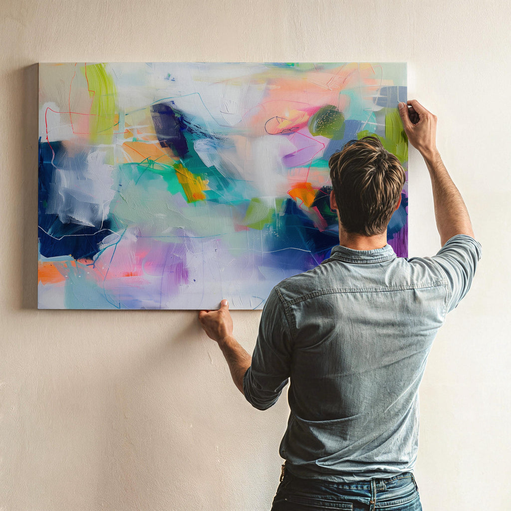 Large colorful abstract art print on stretched canvas, gallery-wrapped and ready to hang. Perfect for vibrant wall decor in homes, modern offices, and staging projects. Giclée canvas print featuring bold brushstrokes, expressive color, and modern statement style.