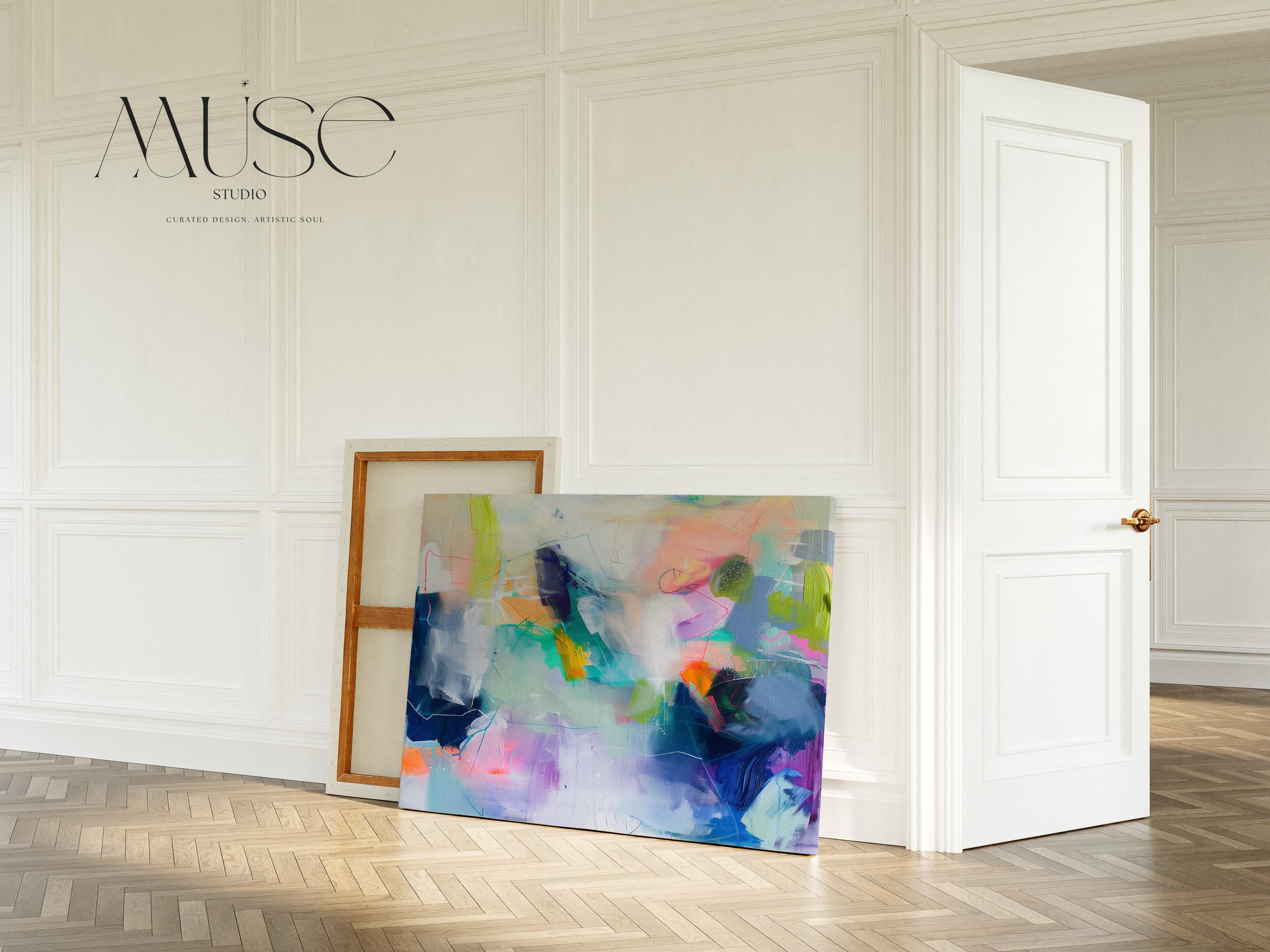 Large colorful abstract art print on stretched canvas, gallery-wrapped and ready to hang. Perfect for vibrant wall decor in homes, modern offices, and staging projects. Giclée canvas print featuring bold brushstrokes, expressive color, and modern statement style.