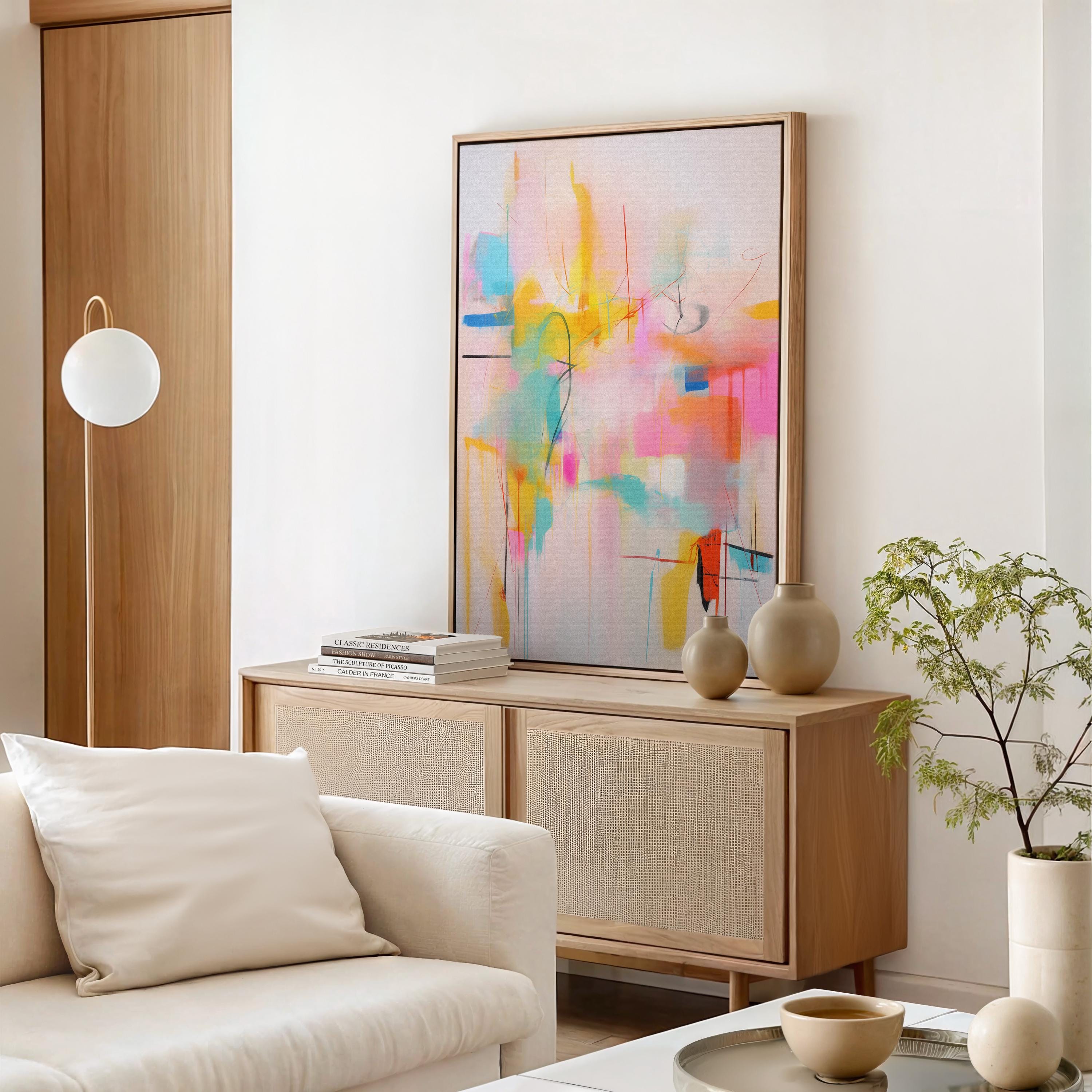 Vertical Abstract Wall Art Framed Canvas Painting Pink Yellow Aqua Modern Giclee Print Large Colorful Artwork for Living Room Decor 031 Colorful abstract wall art staged in modern neutral home decor. Large statement art print displayed in living room, bedroom, or office space. Vibrant canvas or giclée print adds bold style to contemporary interiors, perfect for home decor, office staging, and design projects