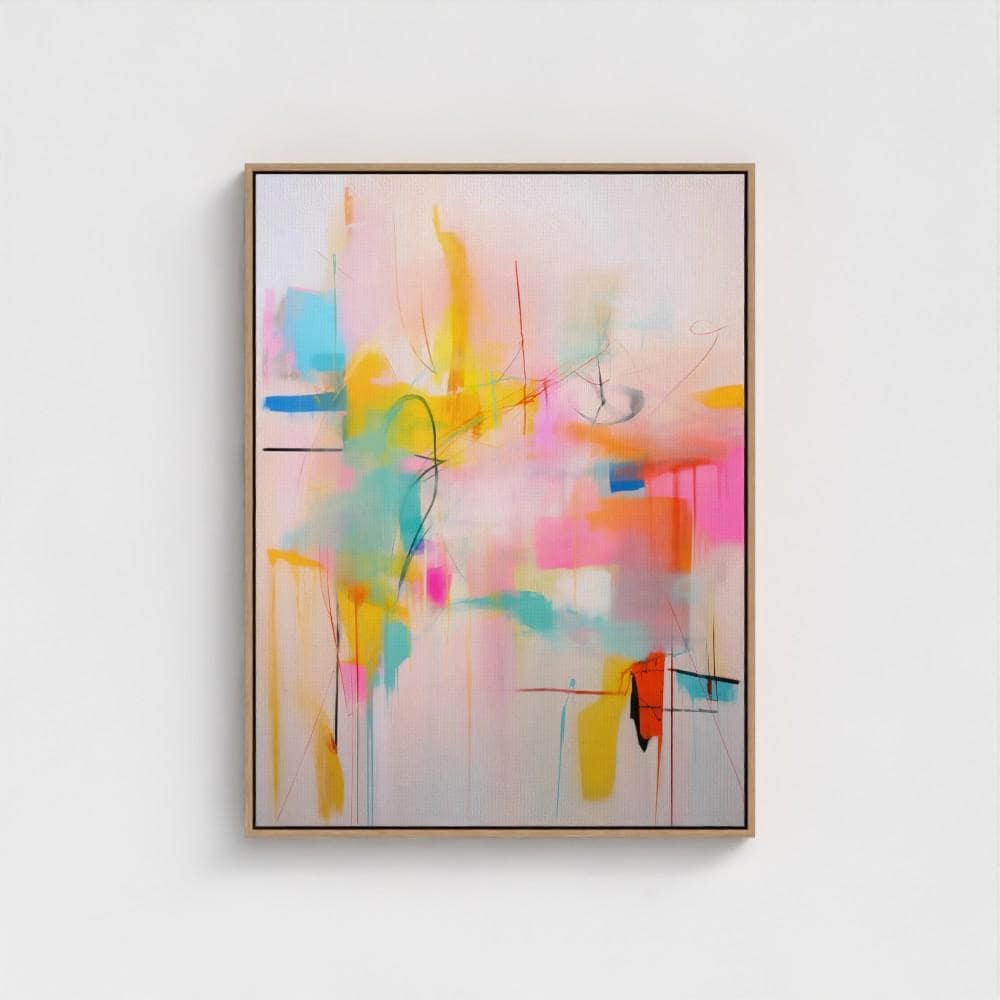 Colorful abstract art print on framed canvas, perfect for vibrant wall decor, modern home design, office decor, and staging projects. Large statement art featuring bold brushstrokes and colorful texture. Ready-to-hang giclée canvas adds energy to any living space. Vertical Abstract Wall Art Framed Canvas Painting Pink Yellow Aqua Modern Giclee Print Large Colorful Artwork for Living Room Decor 031