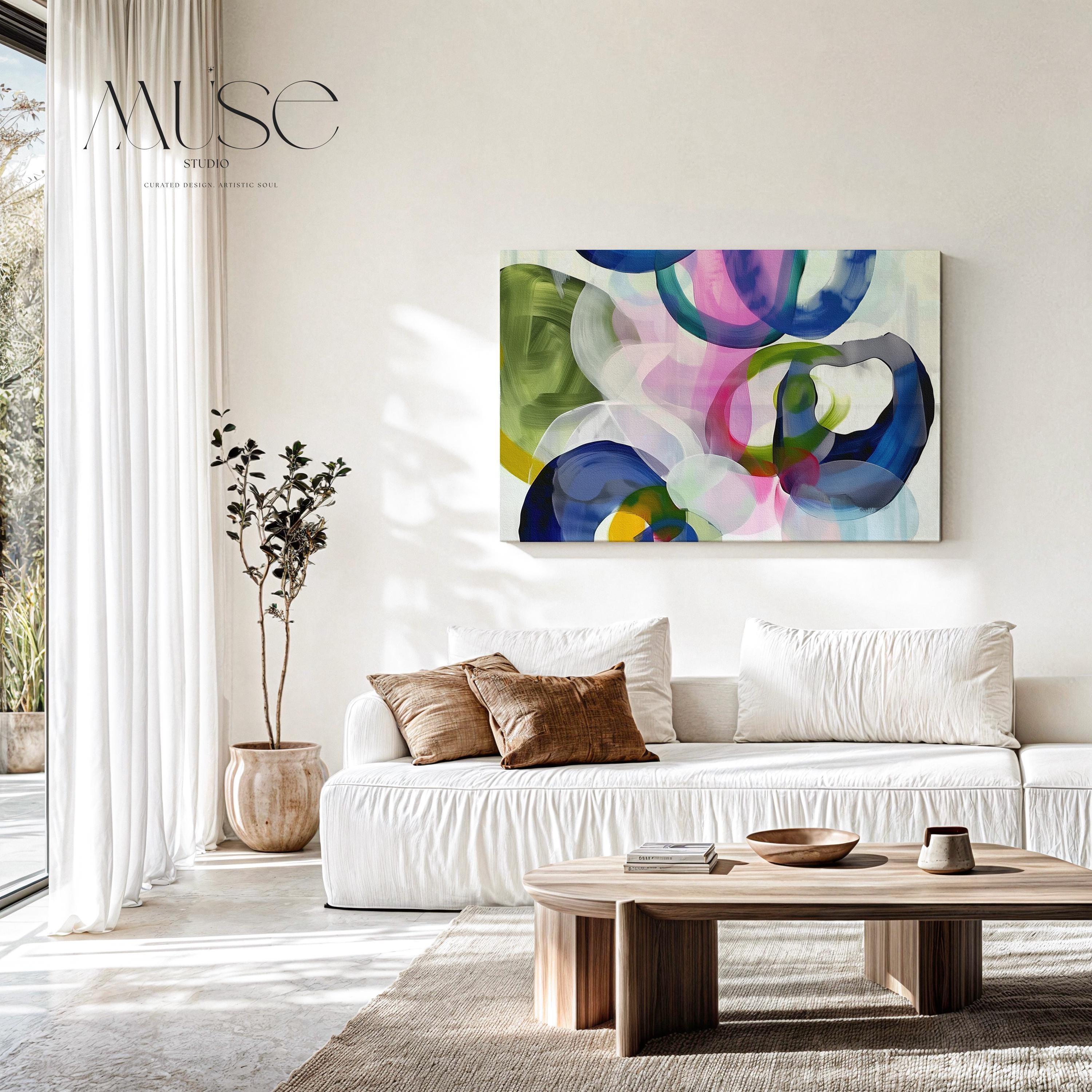 Colorful Abstract Canvas Wall Art in Navy Green Pink & Blue, Oversized Bold Modern Artwork for Office or Living Room, Contemporary Decor 377