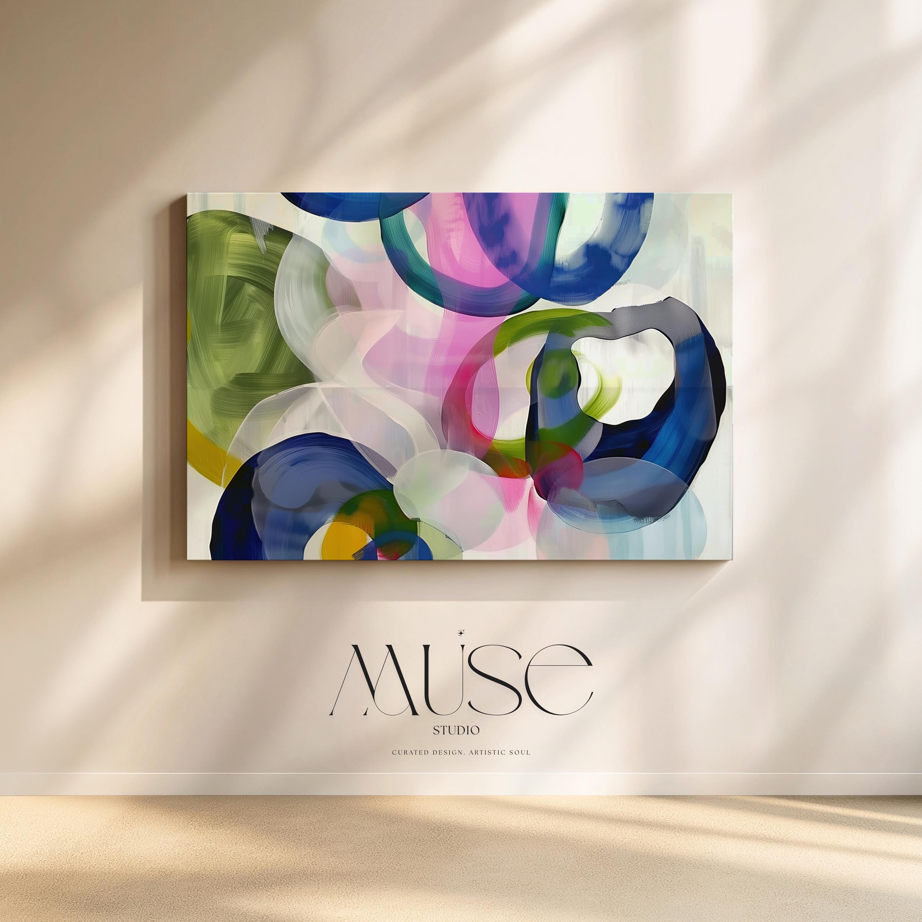 Colorful Abstract Canvas Wall Art in Navy Green Pink & Blue, Oversized Bold Modern Artwork for Office or Living Room, Contemporary Decor 377