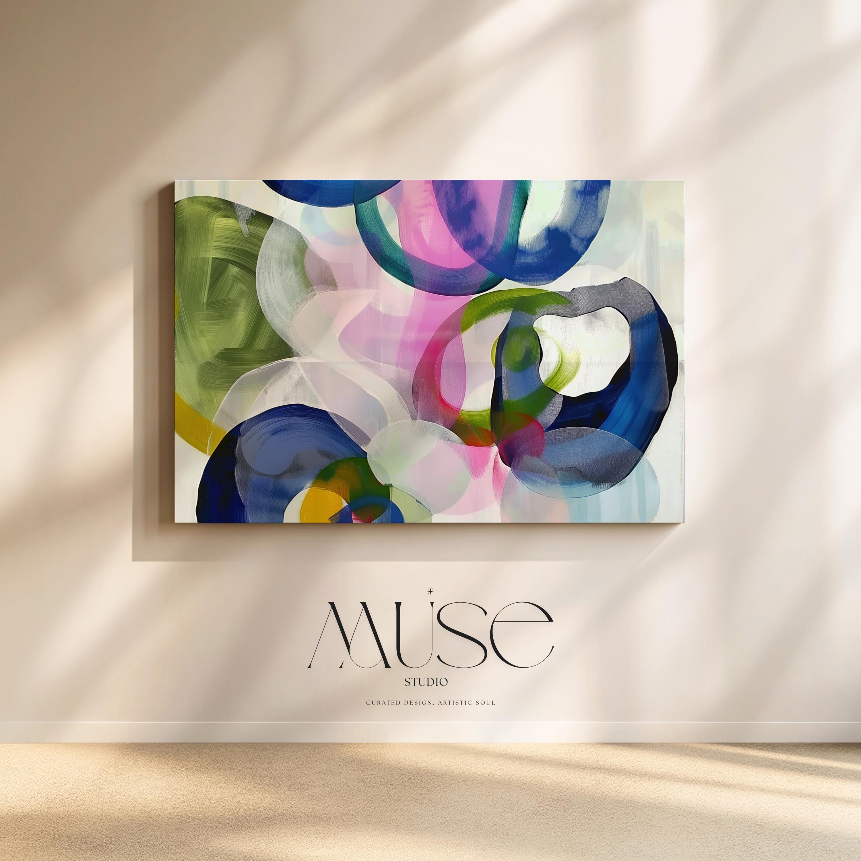 Colorful Abstract Canvas Wall Art in Navy Green Pink & Blue, Oversized Bold Modern Artwork for Office or Living Room, Contemporary Decor 377 wall art prints, living room decor, abstract painting, abstract art, modern wall art, modern art, living room art, abstract wall art, canvas wall art, wall art, abstract print, colorful wall art. Stretched Canvas Art Large abstract wall decor on stretched canvasGiclée canvas print with bold brushwork and vibrant modern style for impactful home decor