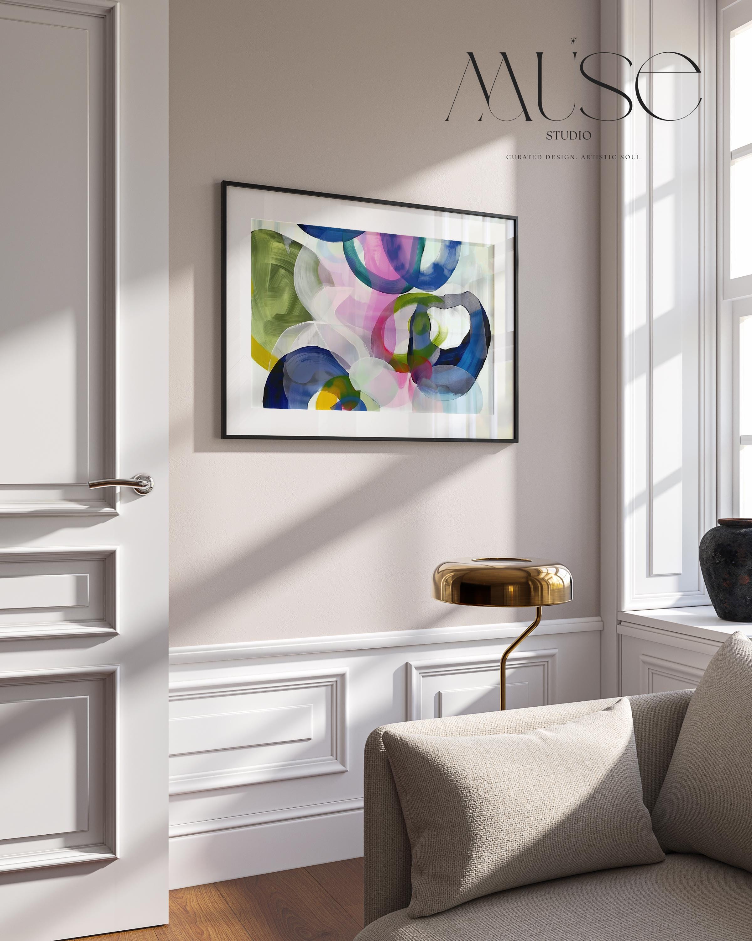 Colorful Abstract Art Print in Navy Green Pink and Blue, Bold Modern Poster for Office or Living Room, Large Statement Wall Decor 377