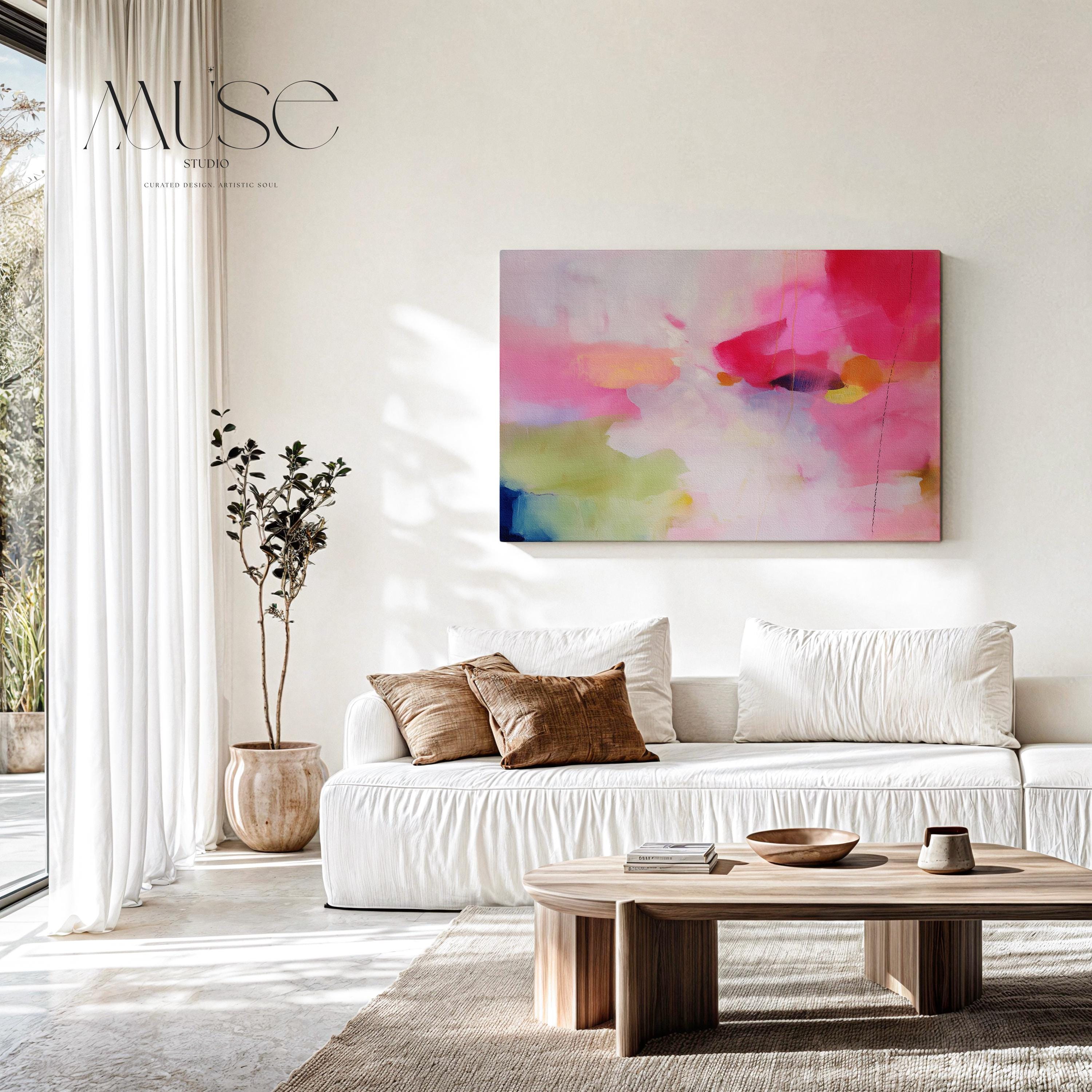 Pastel Abstract Wall Art Pink Blush and Coral Canvas Framed Art for Bedroom or Office Soft Modern Decor Wall Art Prints, living room decor, abstract painting, abstract art, modern wall art, modern art, living art, horizontal, abstract wall art, canvas wall art, wall art, abstract print, colorful wall art Stretched Canvas Art Large abstract wall decor on stretched canvas, gallery-wrapped and ready to hang. Giclée canvas print with bold brushwork and vibrant modern style for impactful home decor.
