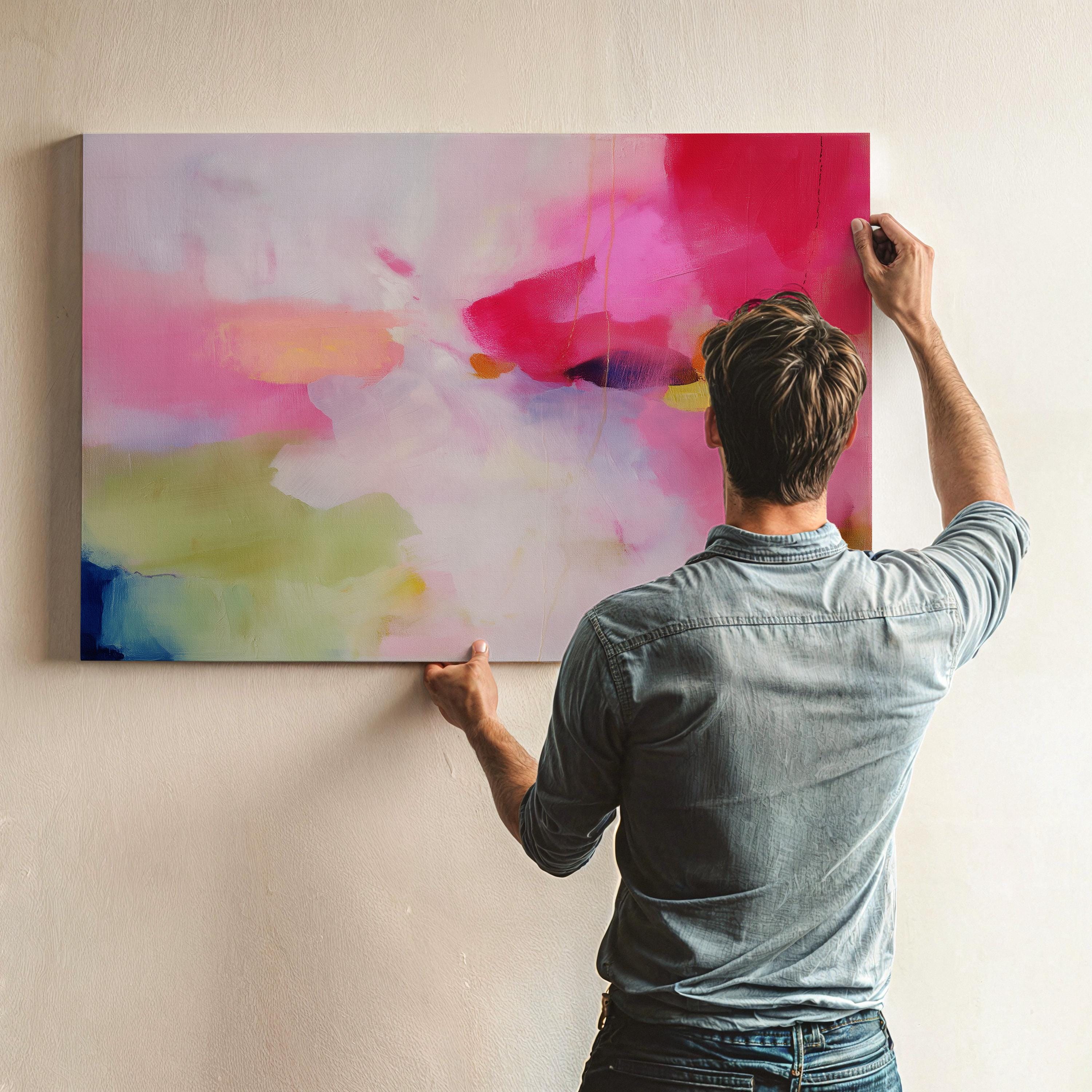 Pastel Abstract Wall Art Pink Blush and Coral Canvas Framed Art for Bedroom or Office Soft Modern Decor Wall Art Prints, living room decor, abstract painting, abstract art, modern wall art, modern art, living art, horizontal, abstract wall art, canvas wall art, wall art, abstract print, colorful wall art Stretched Canvas Art Large abstract wall decor on stretched canvas, gallery-wrapped and ready to hang. Giclée canvas print with bold brushwork and vibrant modern style for impactful home decor.